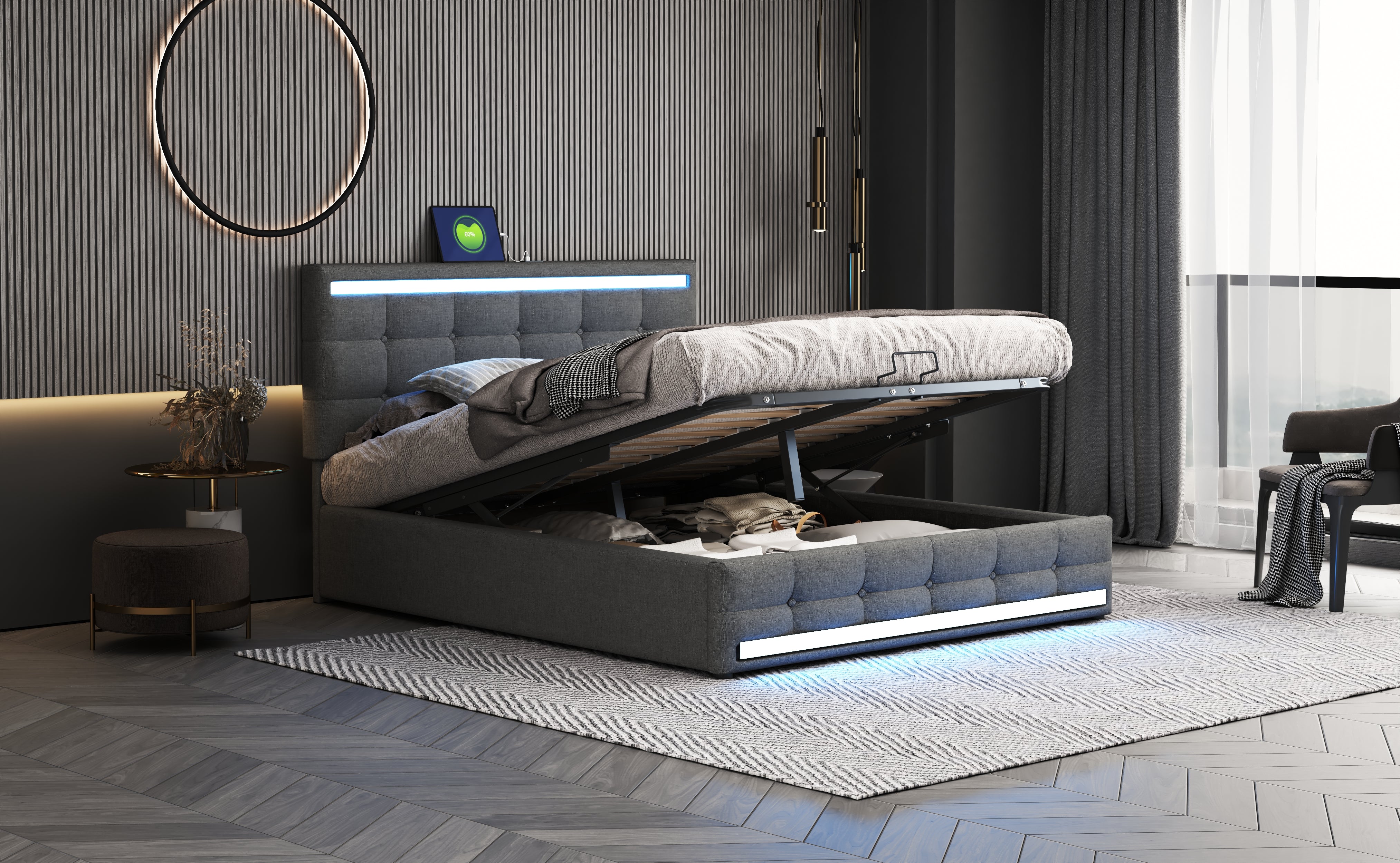 Logidon gestoffeerd bed 140x200 LED, opbergruimte, USB, grijs