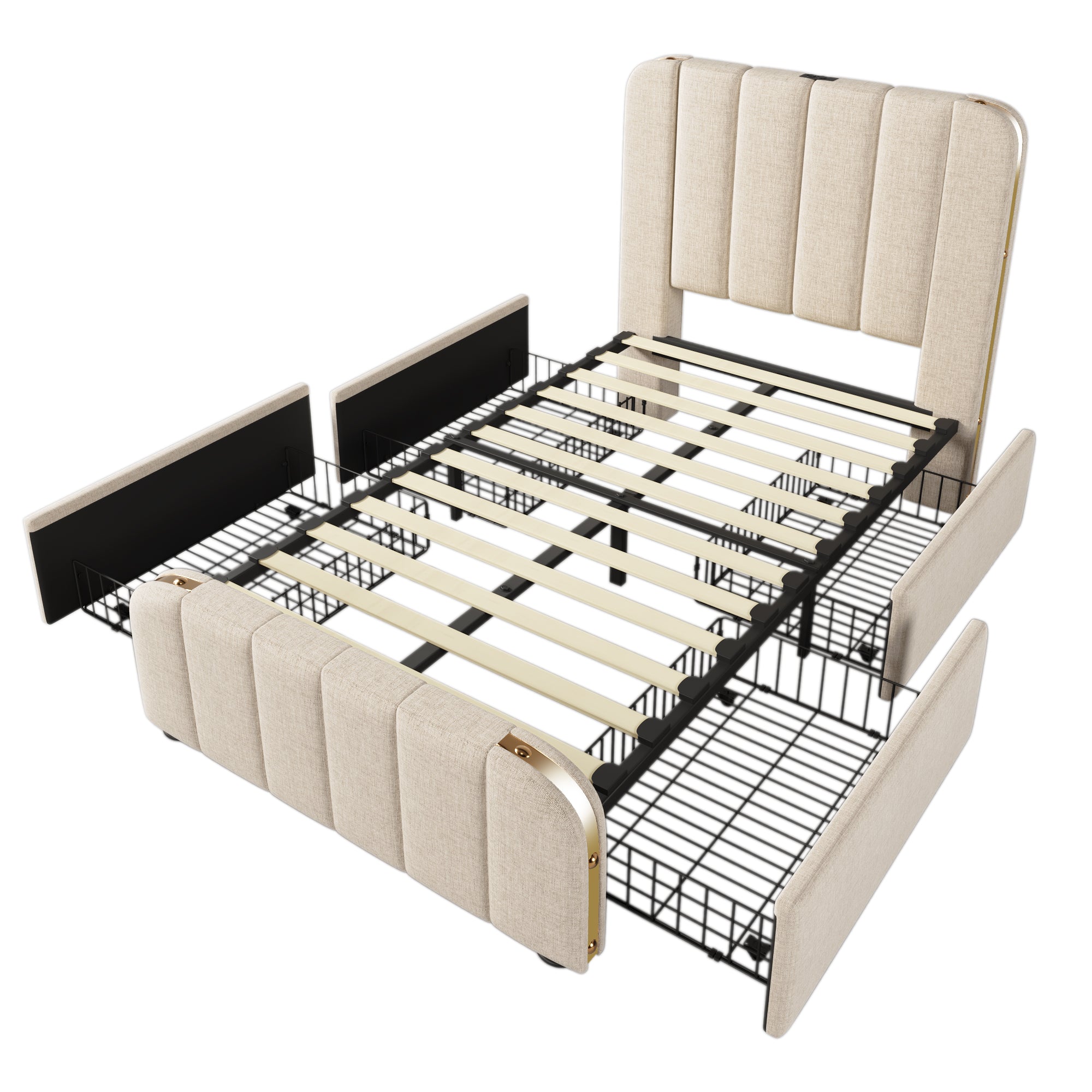 Logidon gestoffeerd bed 90x200 beige USB Type C oplaadfunctie 4 lades