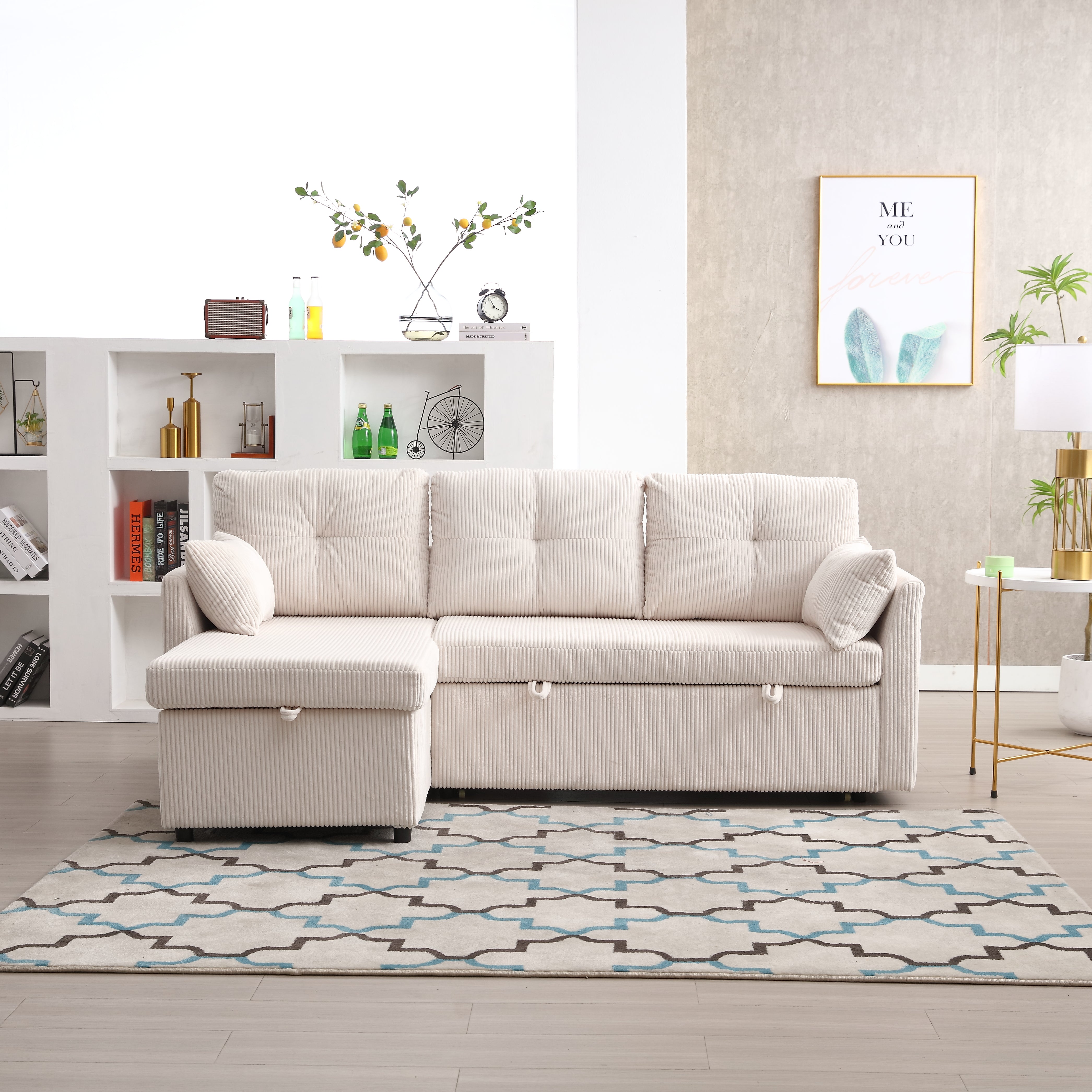 Logidon sofa bed with storage space and pull-out bed beige velvet cover