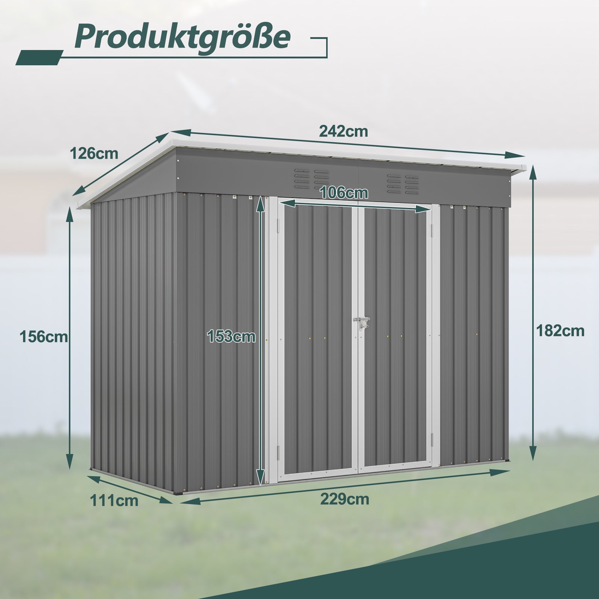 Logidon 8x4 Ft metalen gereedschapsschuur grijs met fundering weerbestendig