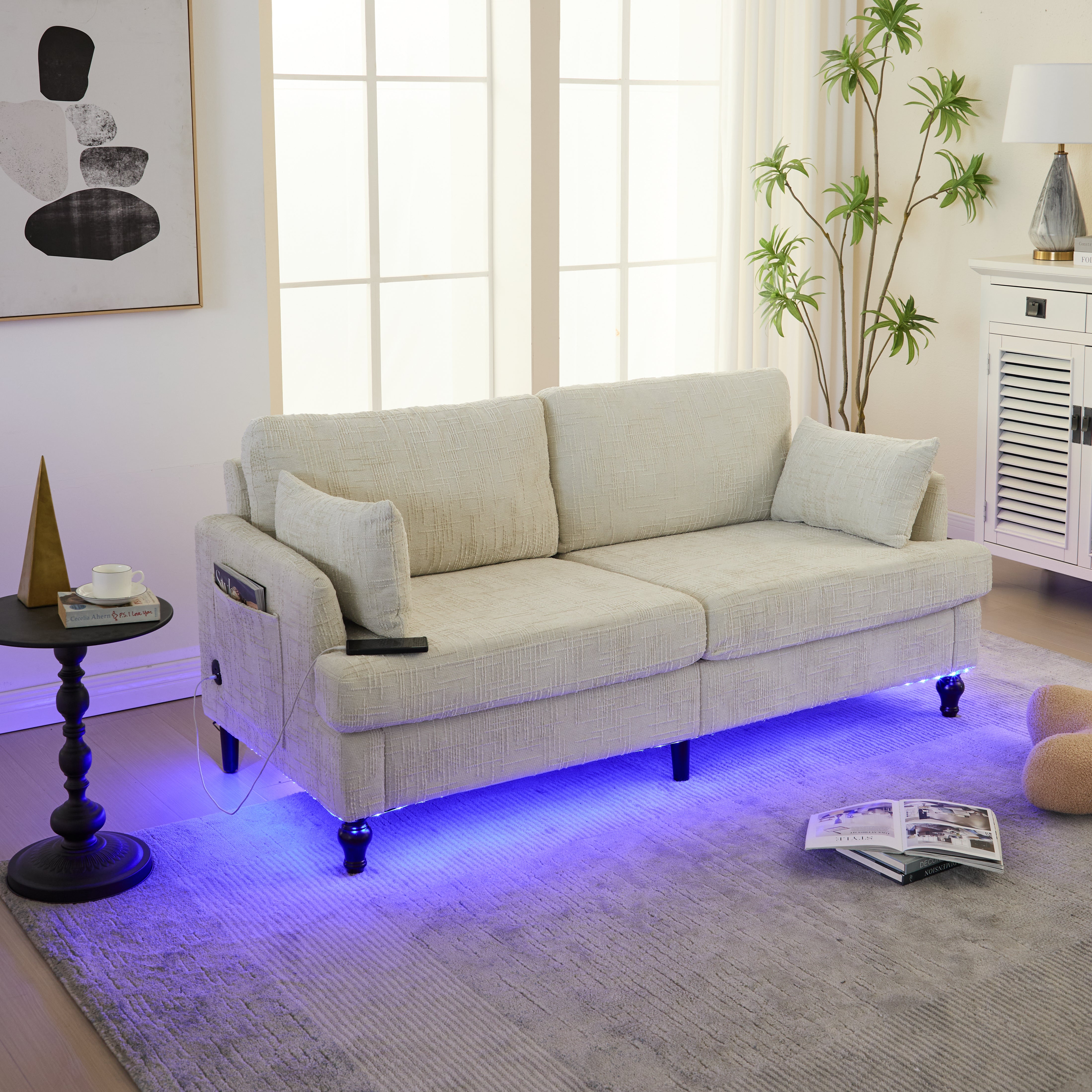 Logidon tweezitsbank van chenille, beige LED-USB-opbergruimte, houten poten