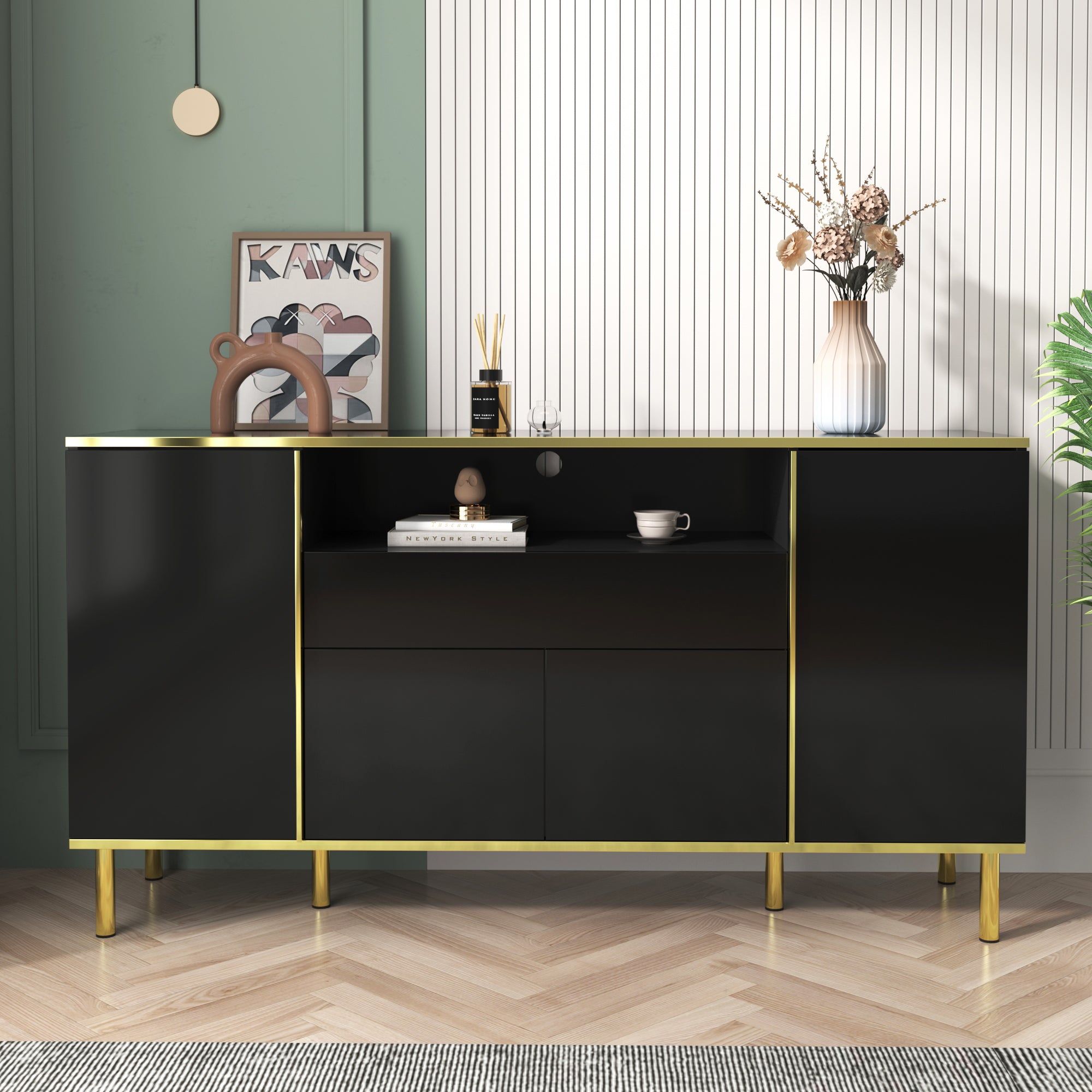 Logidon high-gloss sideboard black 150x40x80 with LED accents