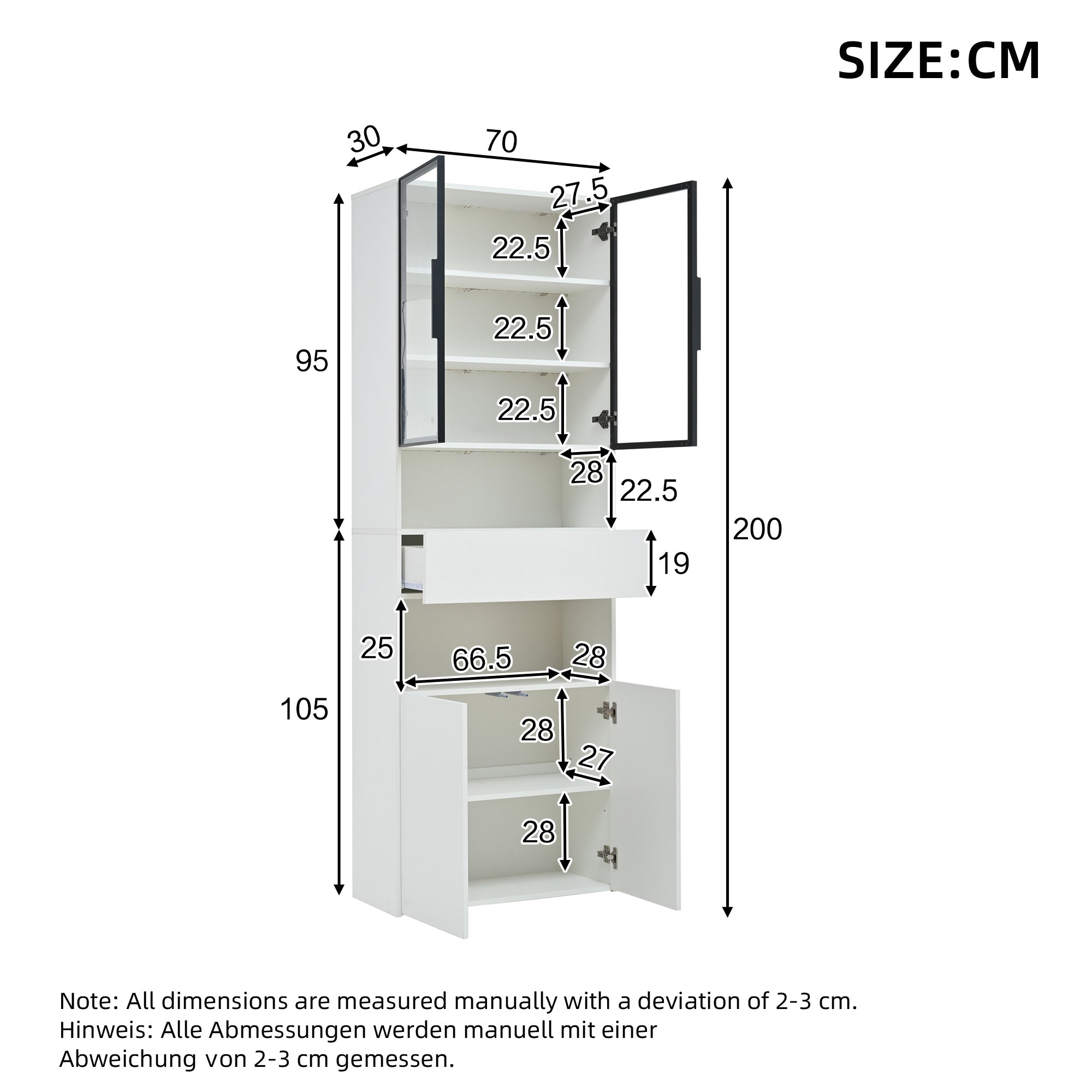 Logidon vitrinekast 70x30x200 cm witte LED glazen vitrinekast met lade