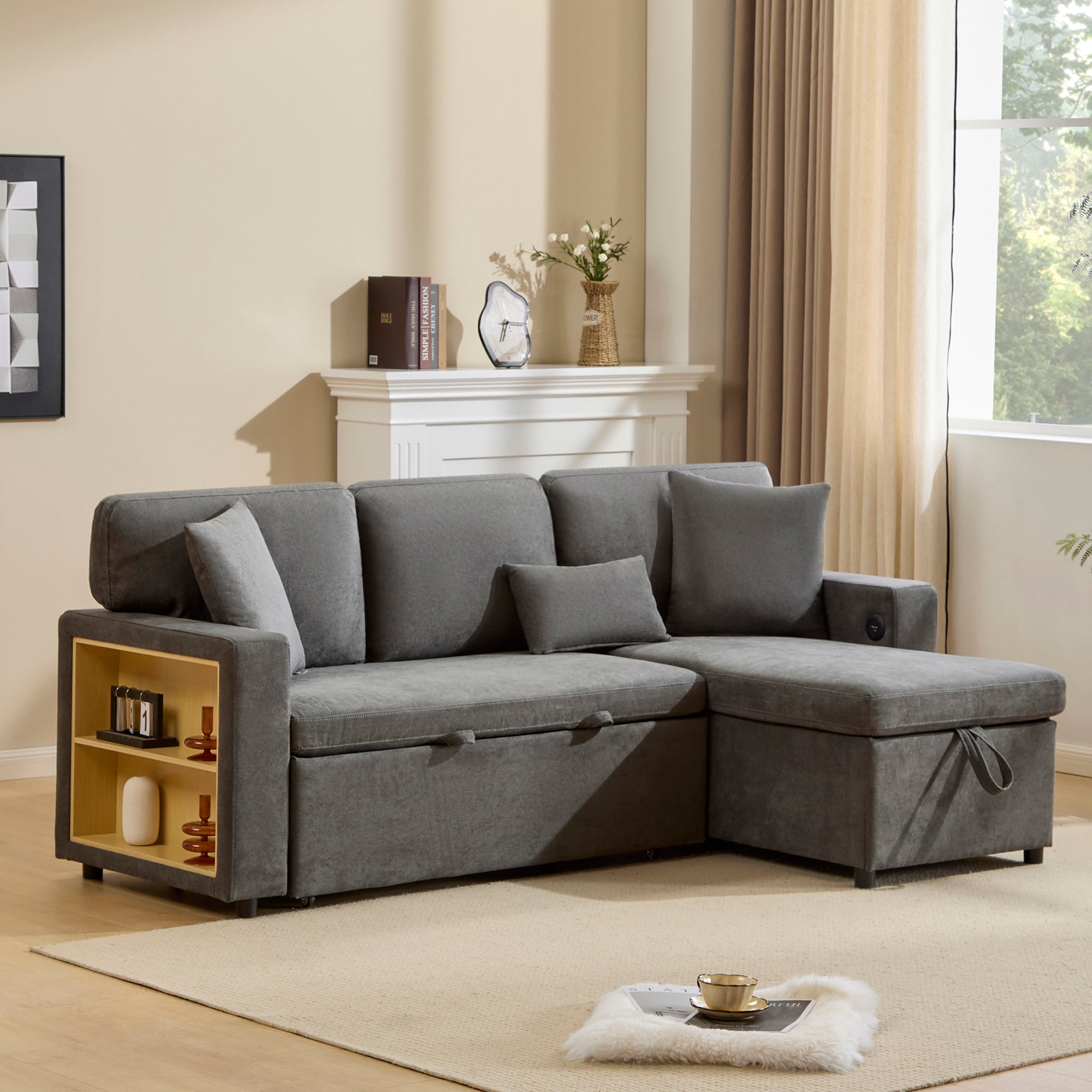 Logidon Corner Sofa Gray Extendable Bed With Bed Box Shelf 214x131