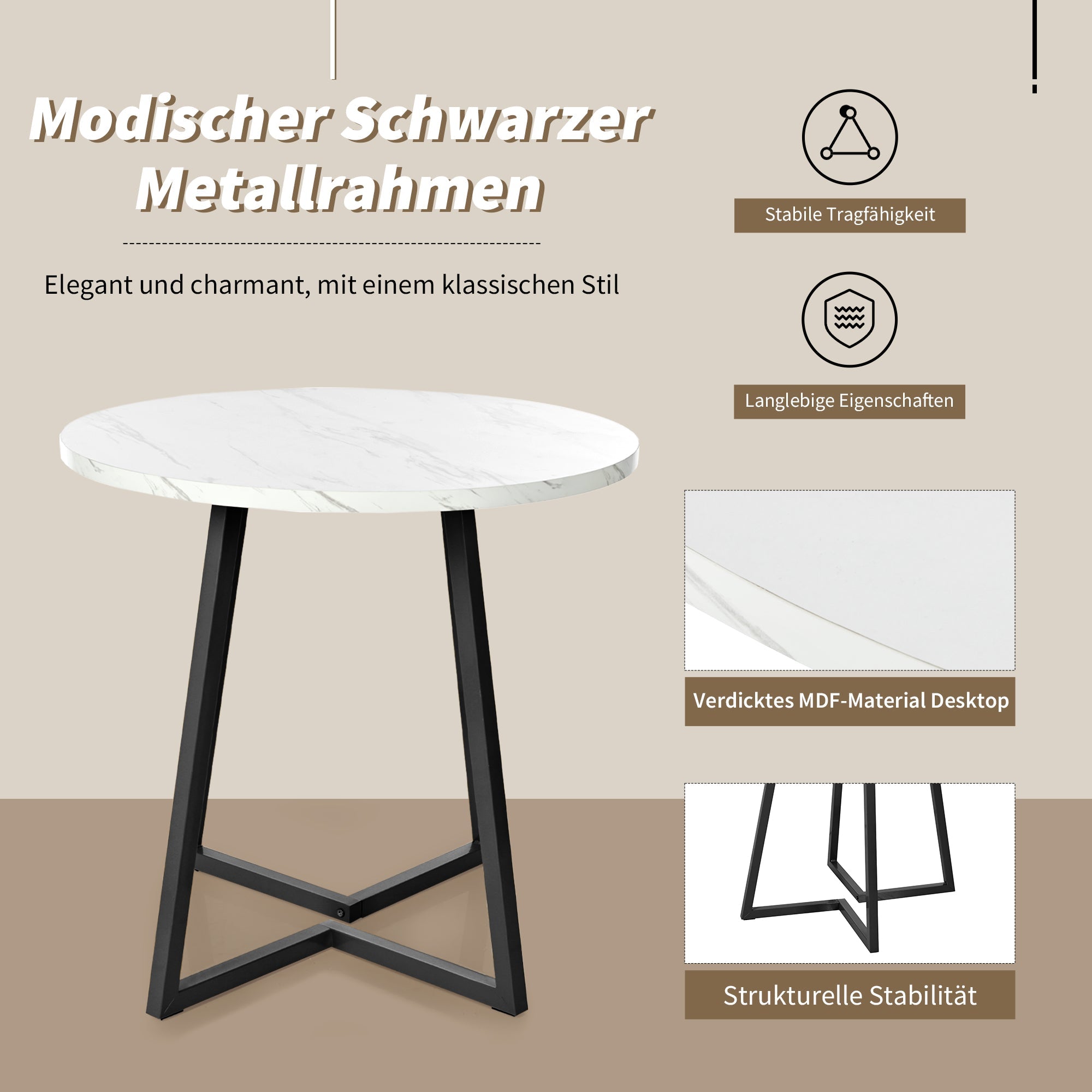 Logidon Ronde Eettafel Wit Zwart MDF Marmer Patroon 80 cm
