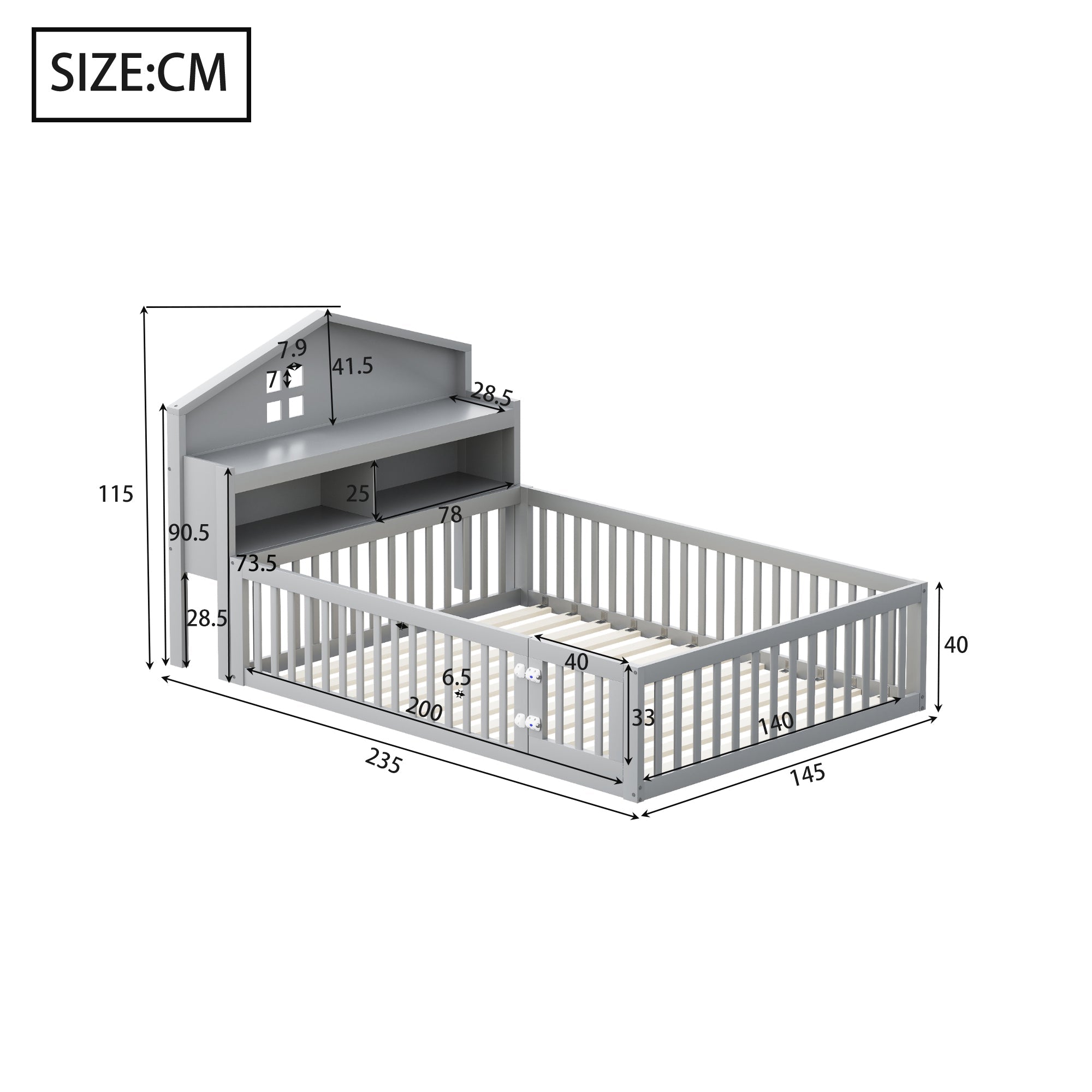 Logidon kinderbed 140x200 huisvorm massief hout grijs met opbergruimte