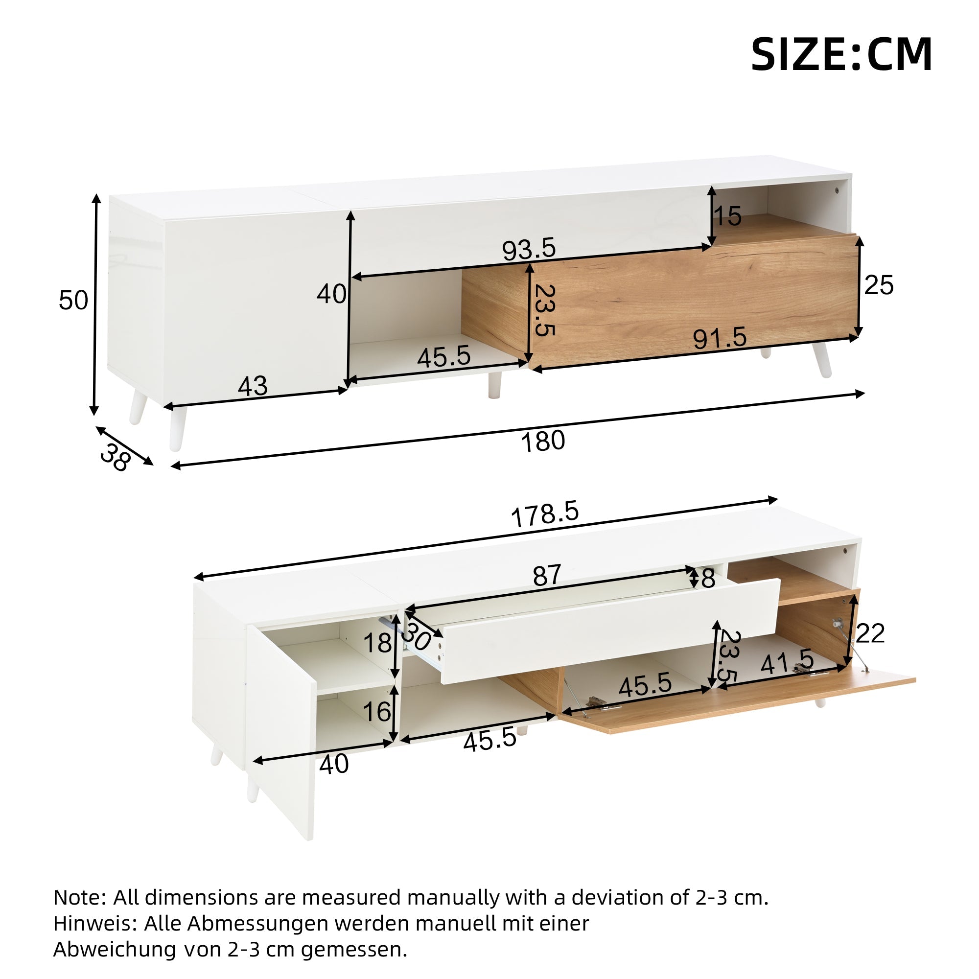 Logidon TV-meubel 180x38x50 cm witte houtlook deur en lade