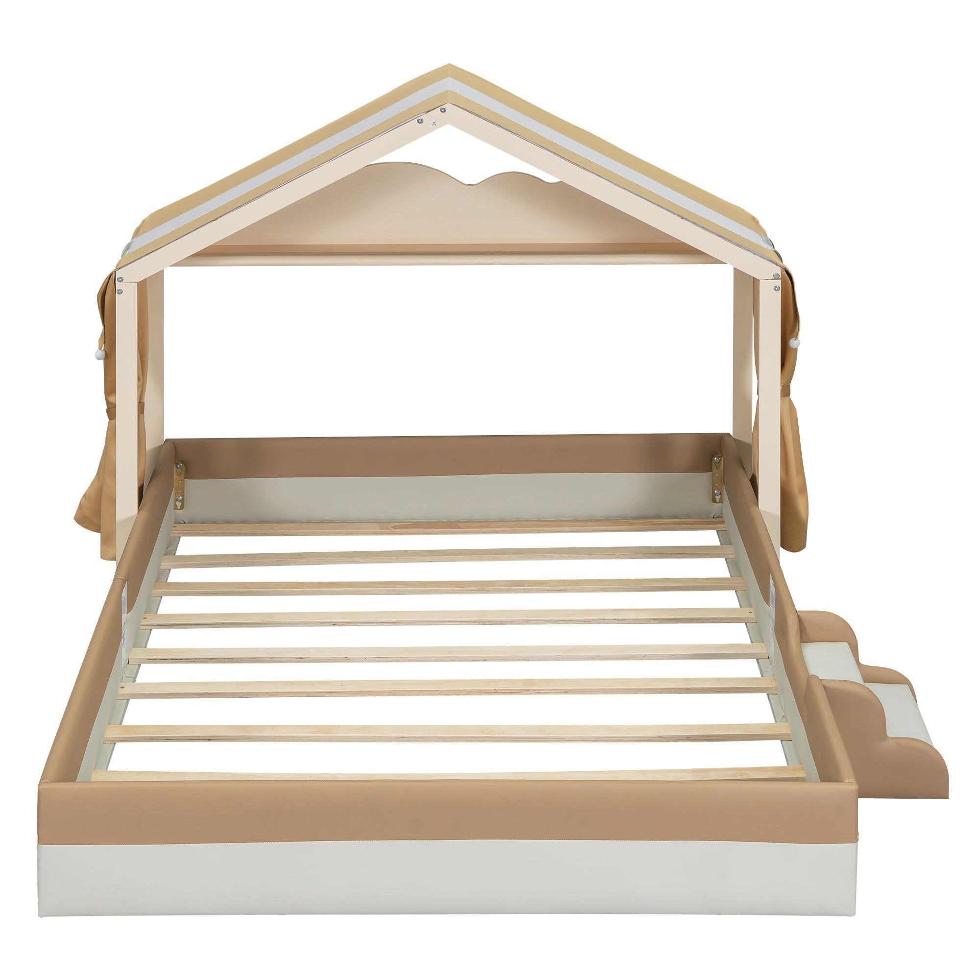 Logidon upholstered bed house shape 140x200 brown faux leather with slatted frame