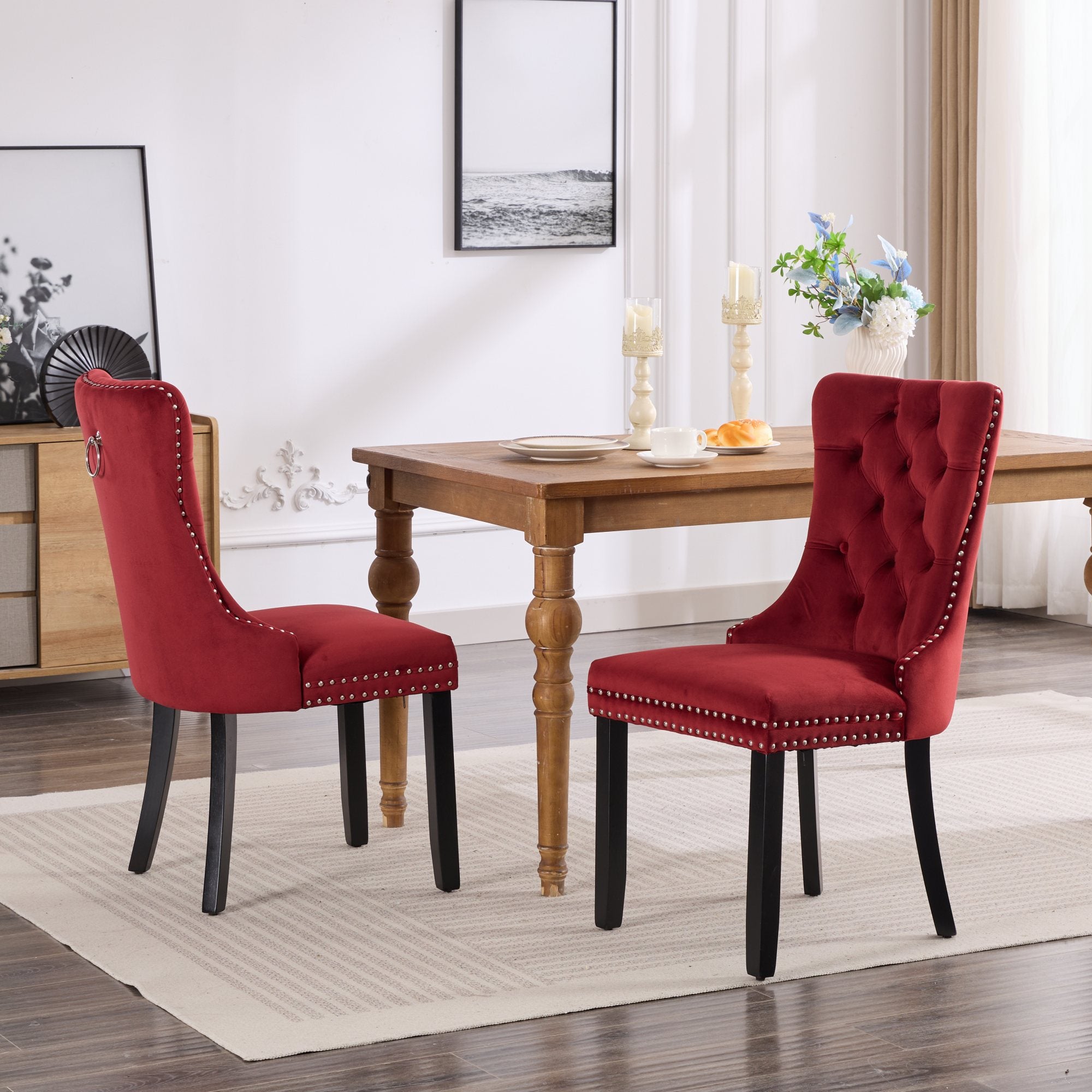 Logidon Velvet Dining Chair Set 2 Burgundy Nail Trim