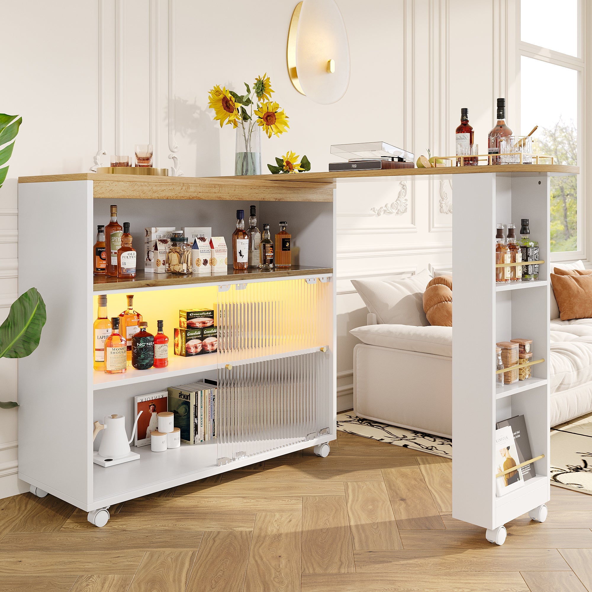 Logidon Uitschuifbare bartafel met opbergruimte LED Wit 138-204 cm
