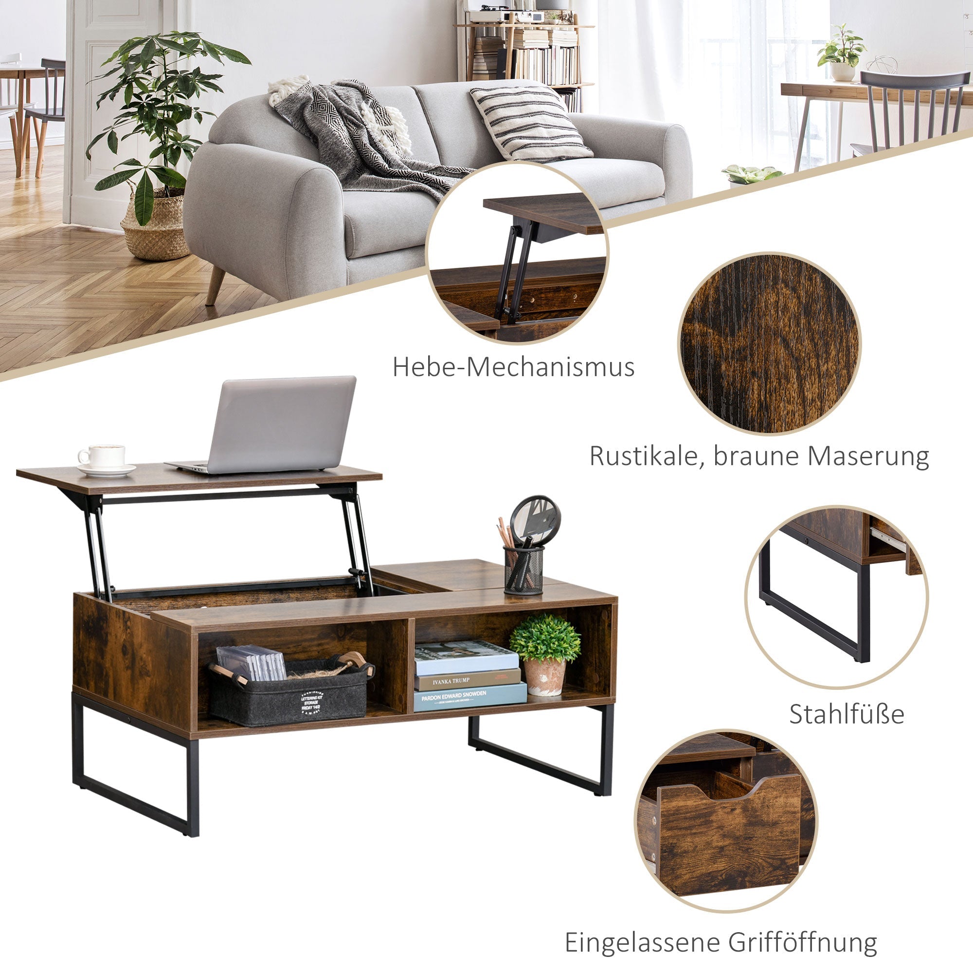 Logidon In hoogte verstelbare salontafel Lift-Top bruin 100x60x44 cm