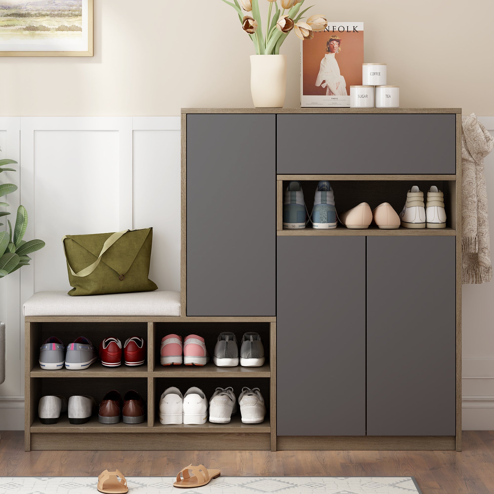 Logidon Schoenenbank Grijs Met Gewatteerde Zitting Verstelbare Planken 140x35x110 cm