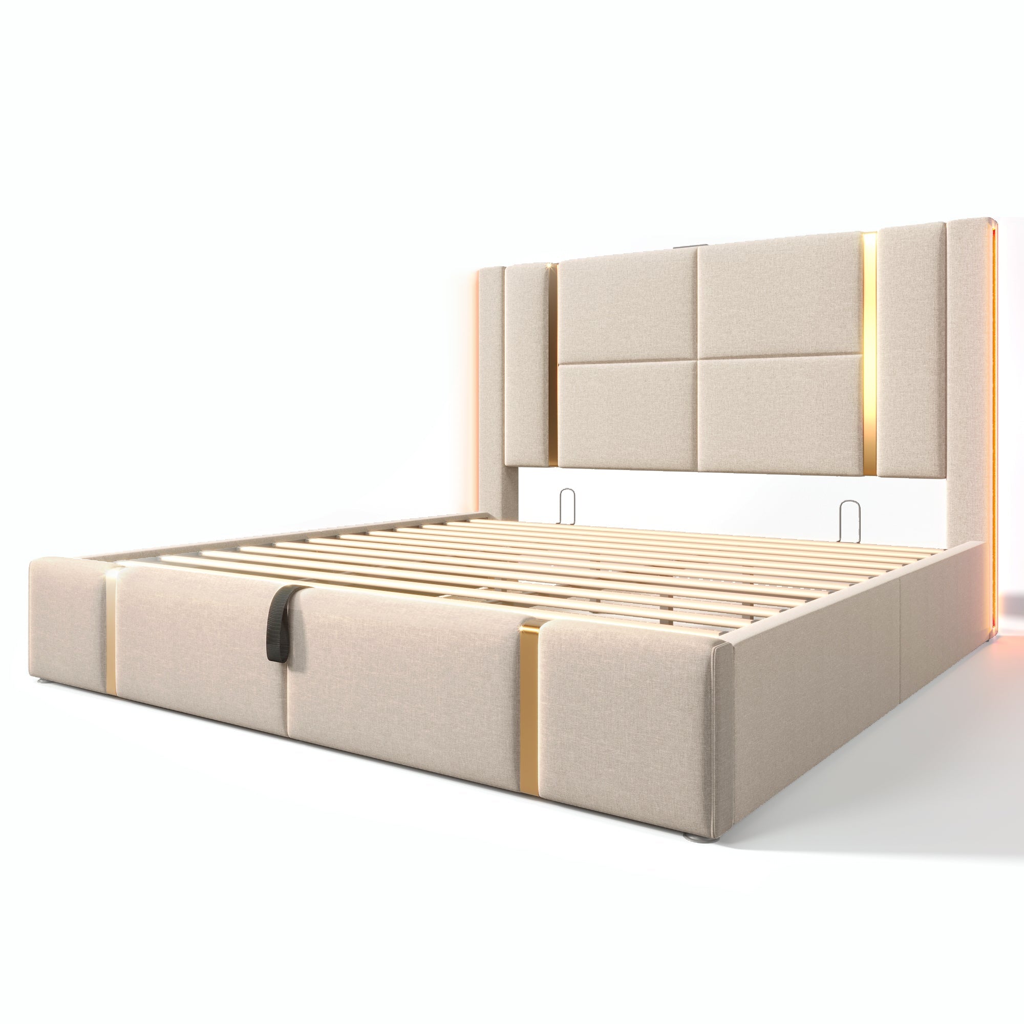 Logidon upholstered bed 160x200 USB C charging function APP control LED beige linen