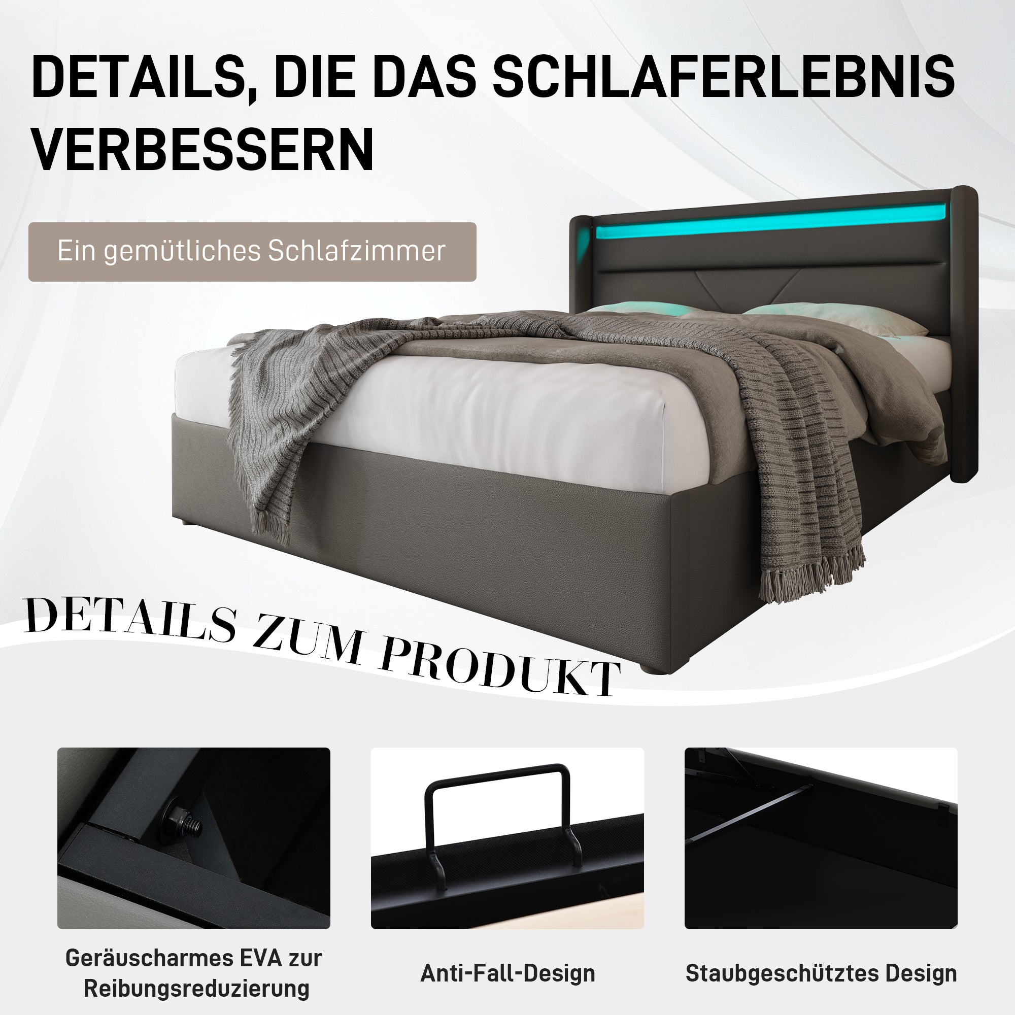 Logidon hydraulisch opbergbed 160x200cm tweepersoonsbed grijs LED