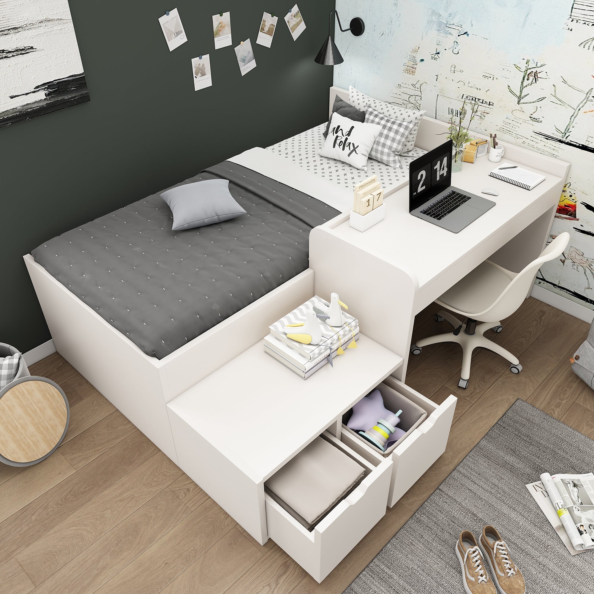 Logidon kinderbed 90x200 massief hout wit met bureau en opbergruimte