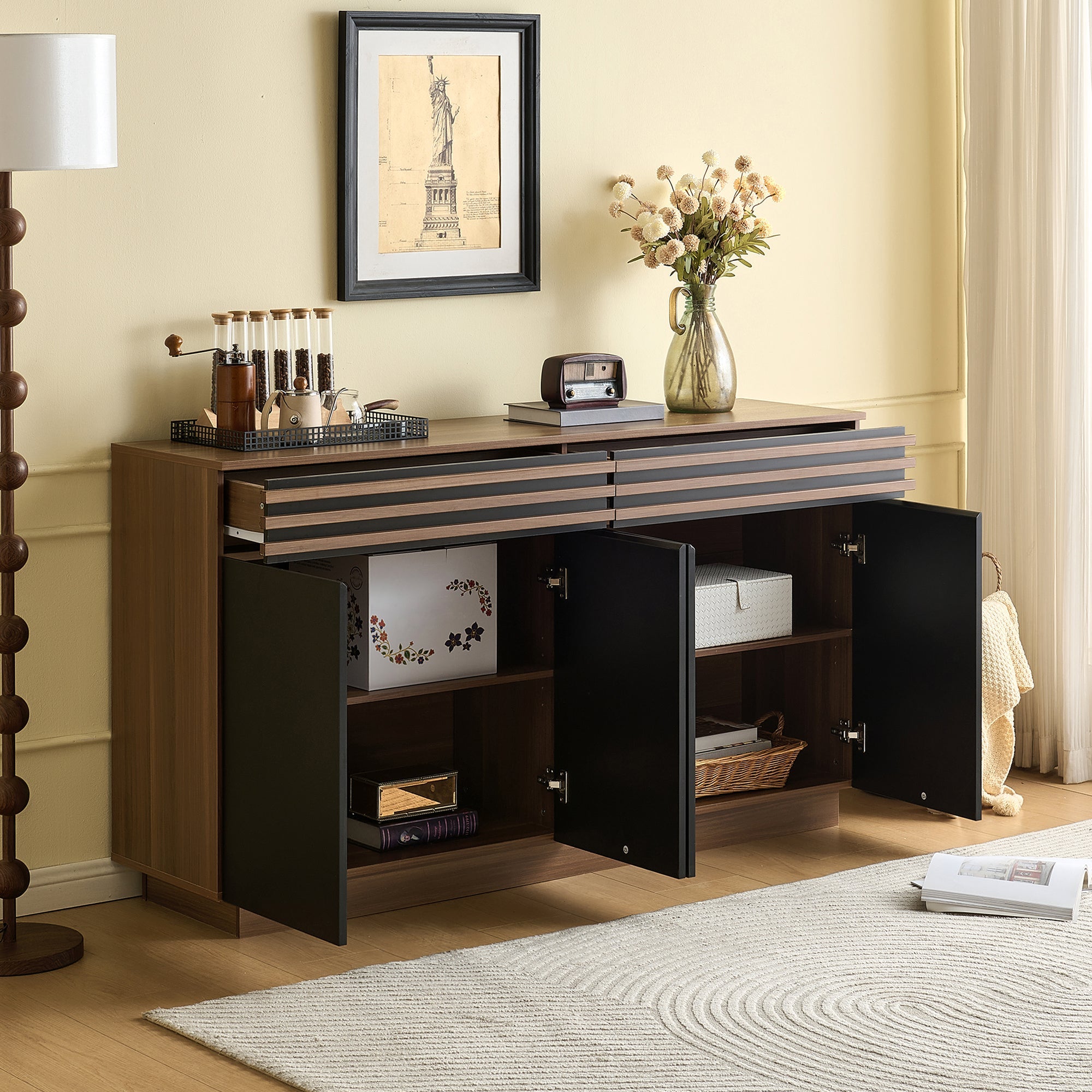Logidon Modern dressoir 150 x 40 x 85 cm houtlook zwarte deuren