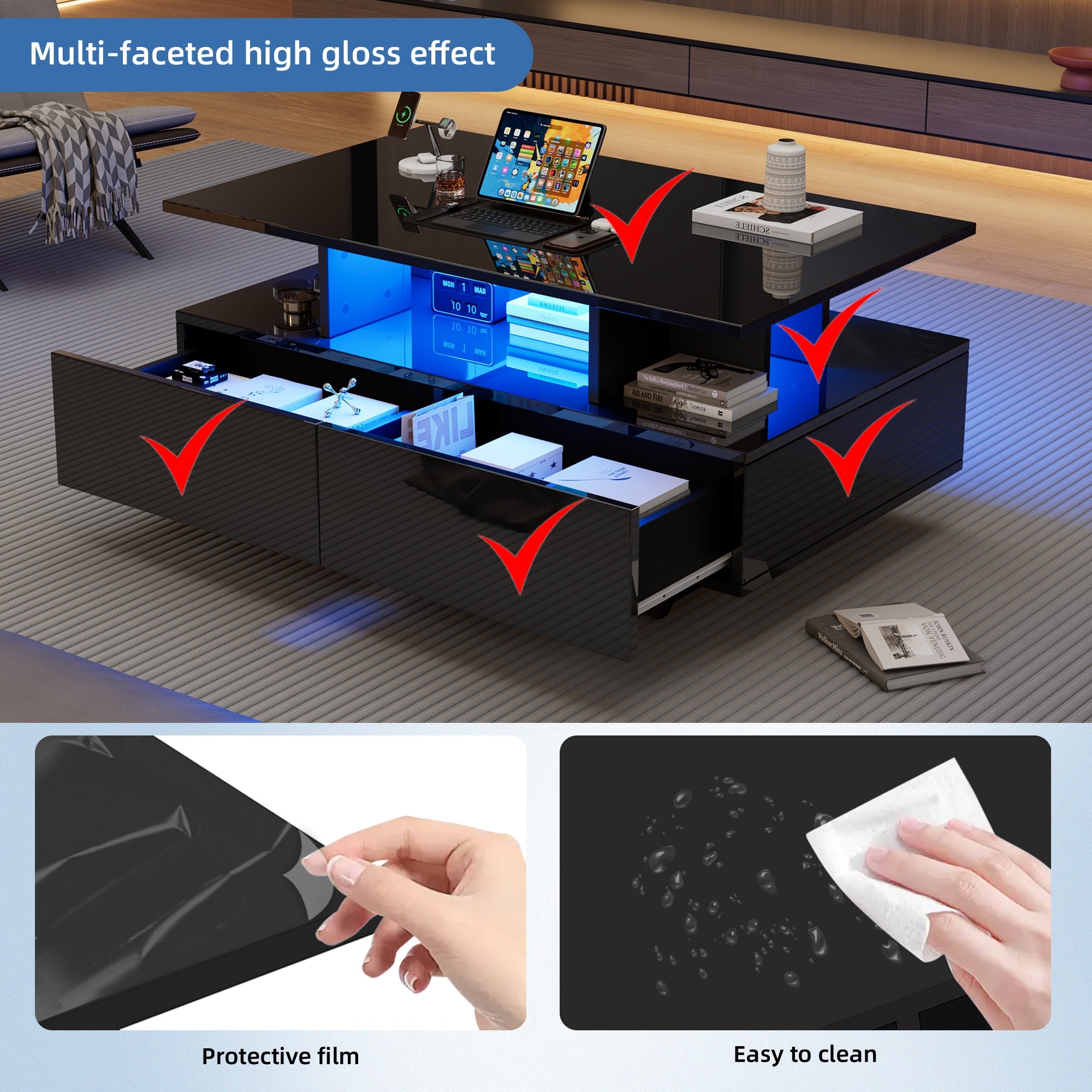 Logidon LED-verlichting salontafel met 2 lades 90x55x41 cm