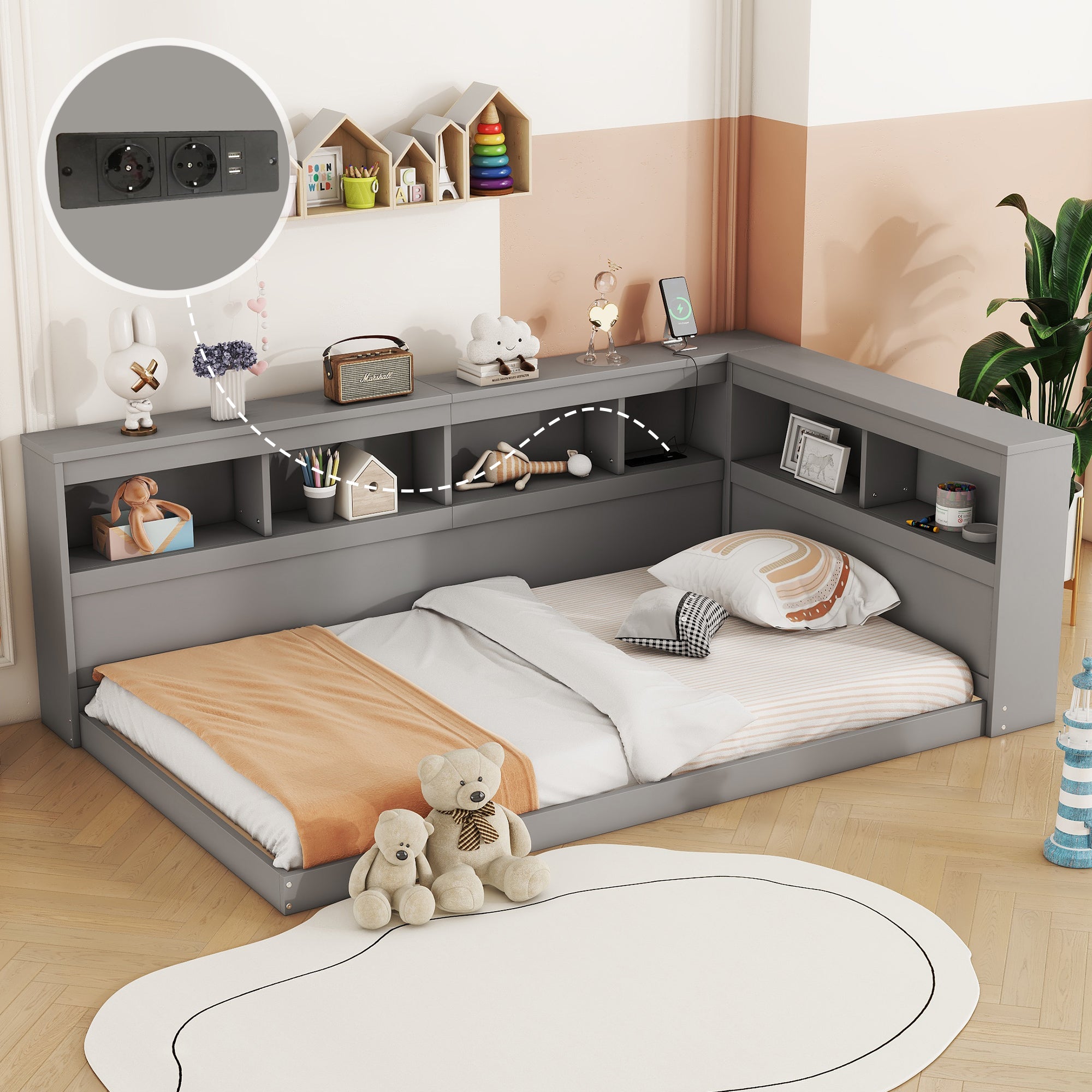 Logidon daybed 90x200 grijs inclusief stopcontact en USB lattenbodem