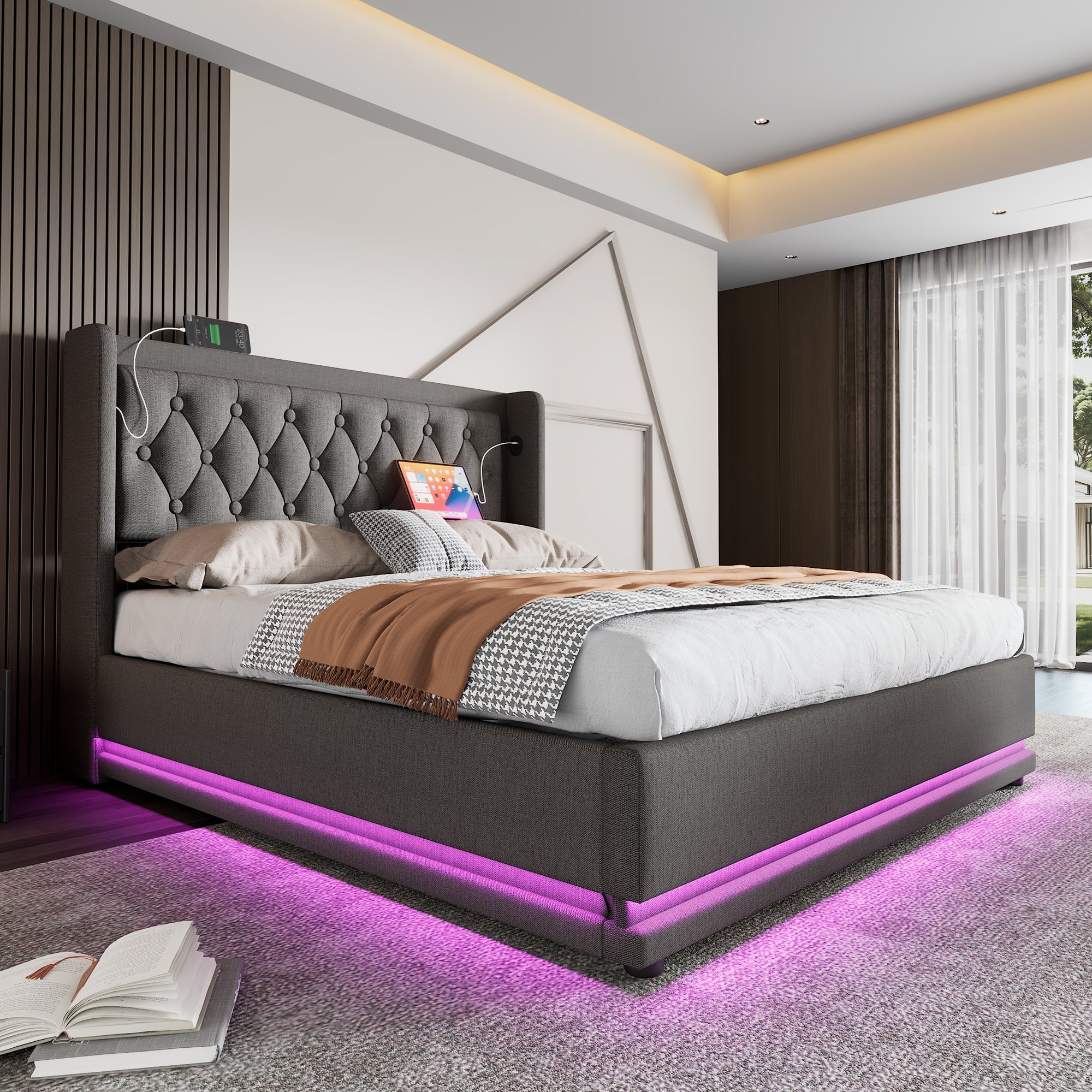 Logidon gestoffeerd bed 160x200 cm grijs fluweel opbergruimte USB-C oplaadfunctie