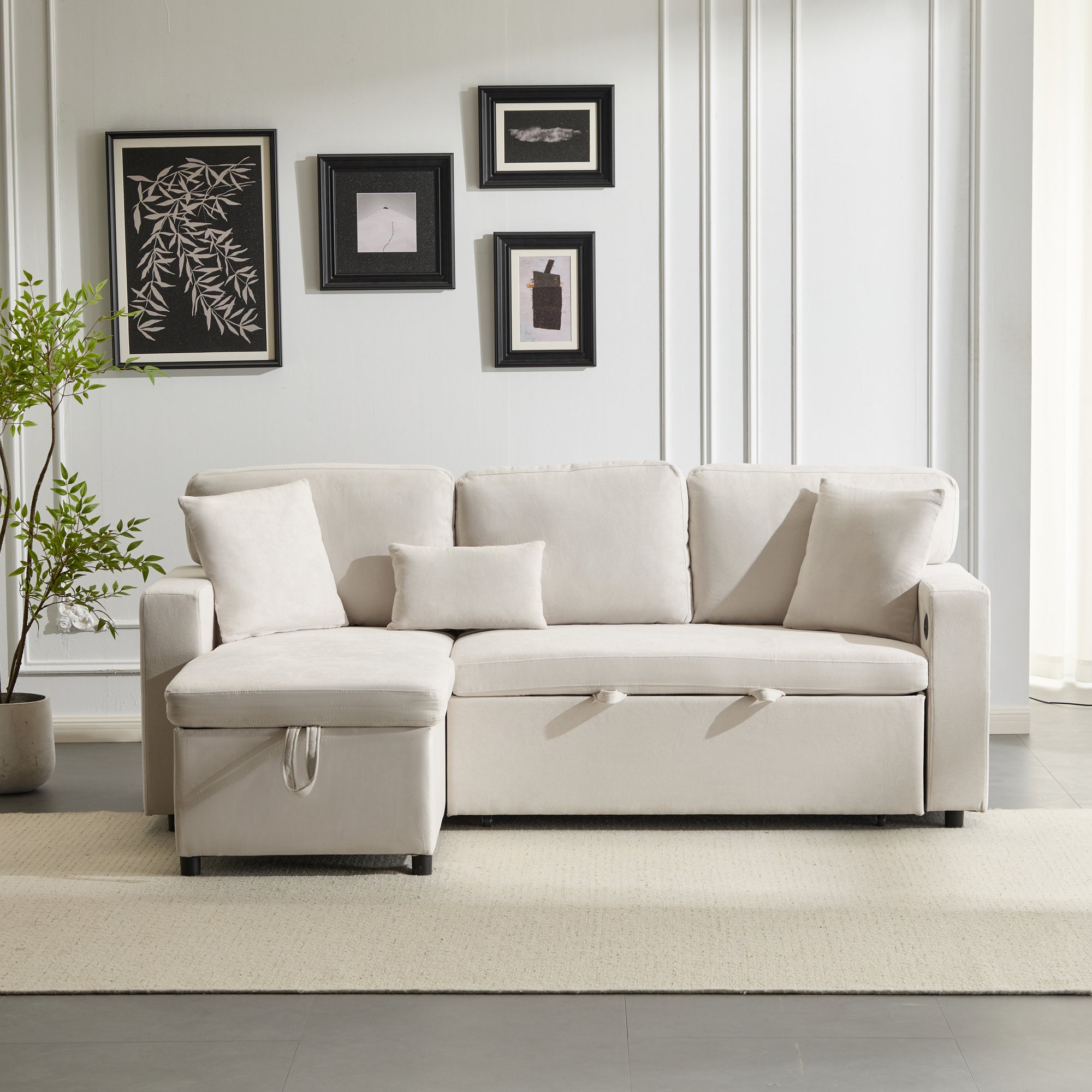 Logidon corner sofa bed L-shape extendable beige with bed box shelf