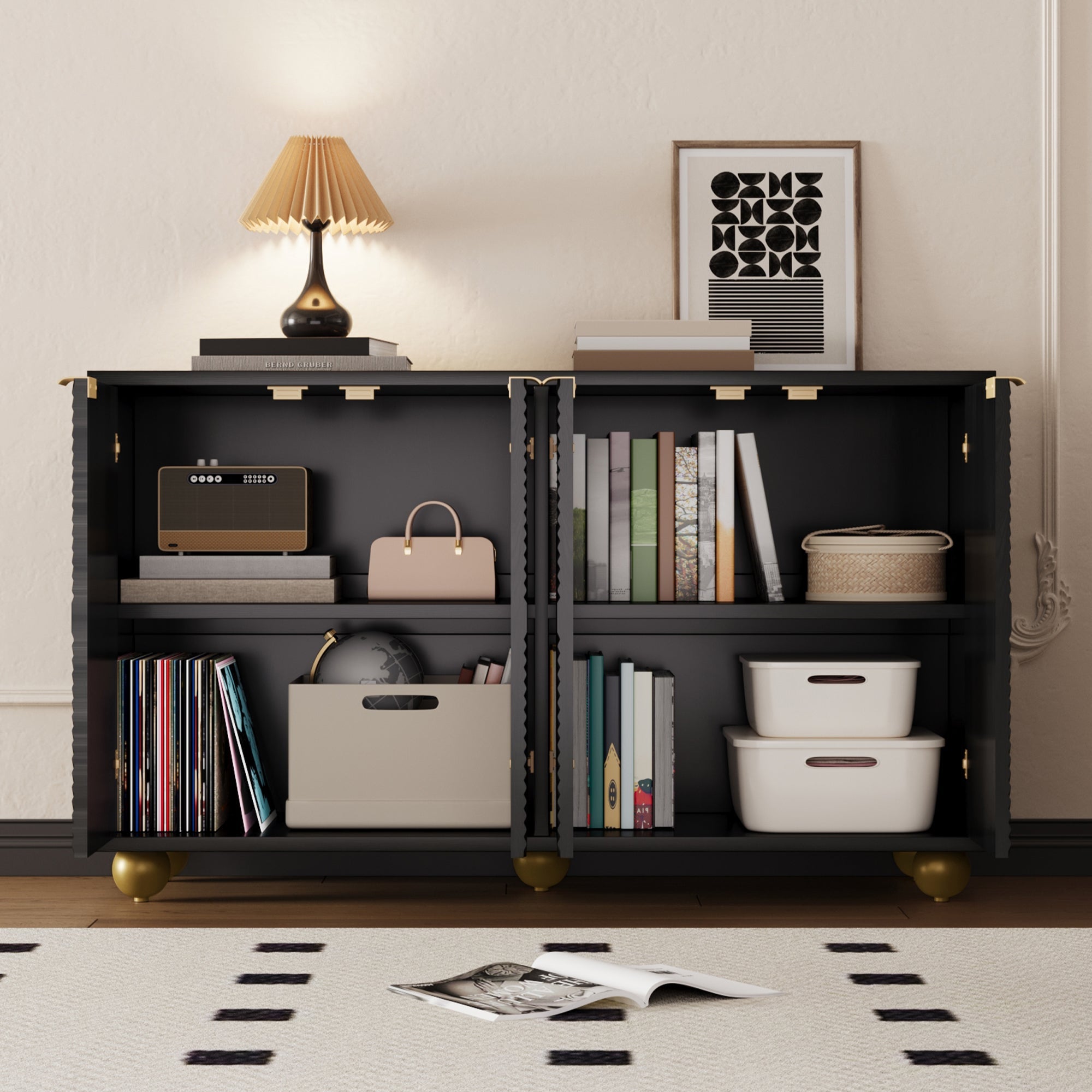 Logidon Dressoir 120 cm Zwart met Vier Deuren en Gouden Handgrepen