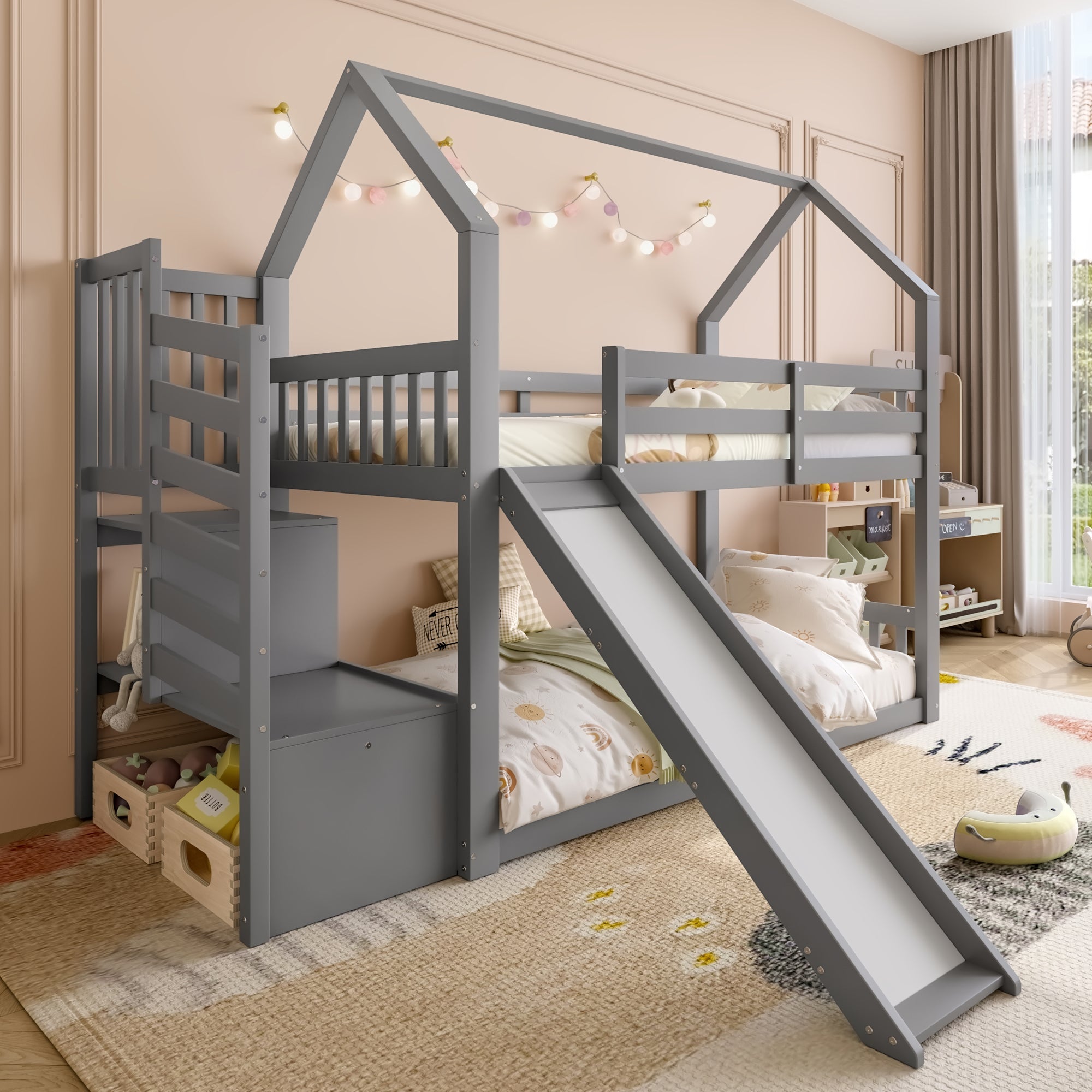Logidon stapelbed grijs 90x200 met opbergtrap en glijbaan