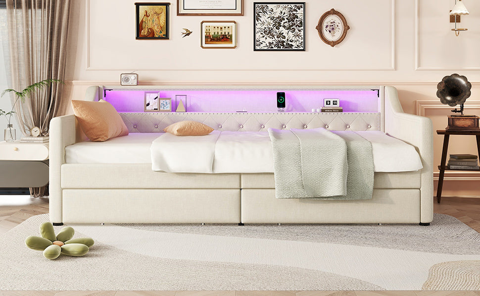 Logidon Daybed 90x200 beige slaapbank met lattenbodem USB-oplaadaansluiting