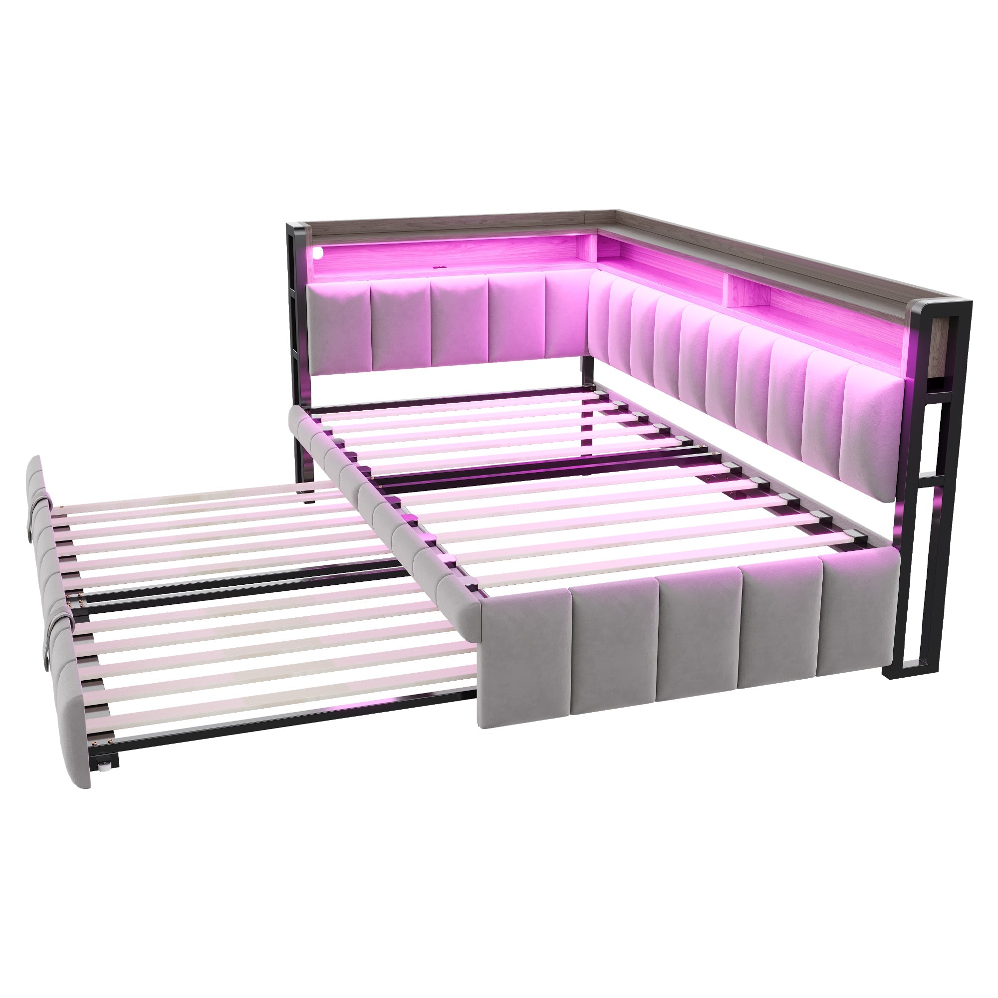 Logidon slaapbank gestoffeerd bed 90x200cm lichtgrijs uitschuifbaar LED USB