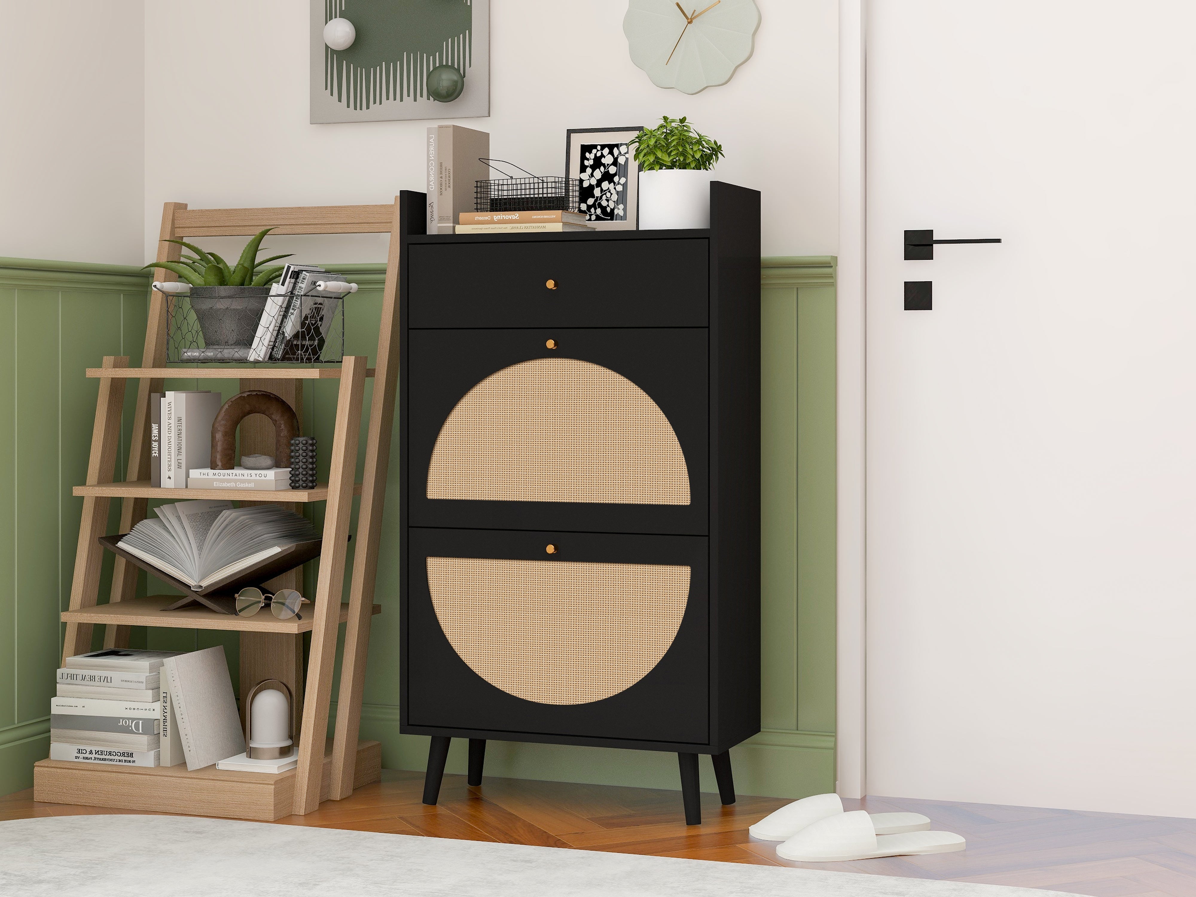 Logidon Schoenenkast Zwart Rotan Look Twee Deuren 60 cm Lengte