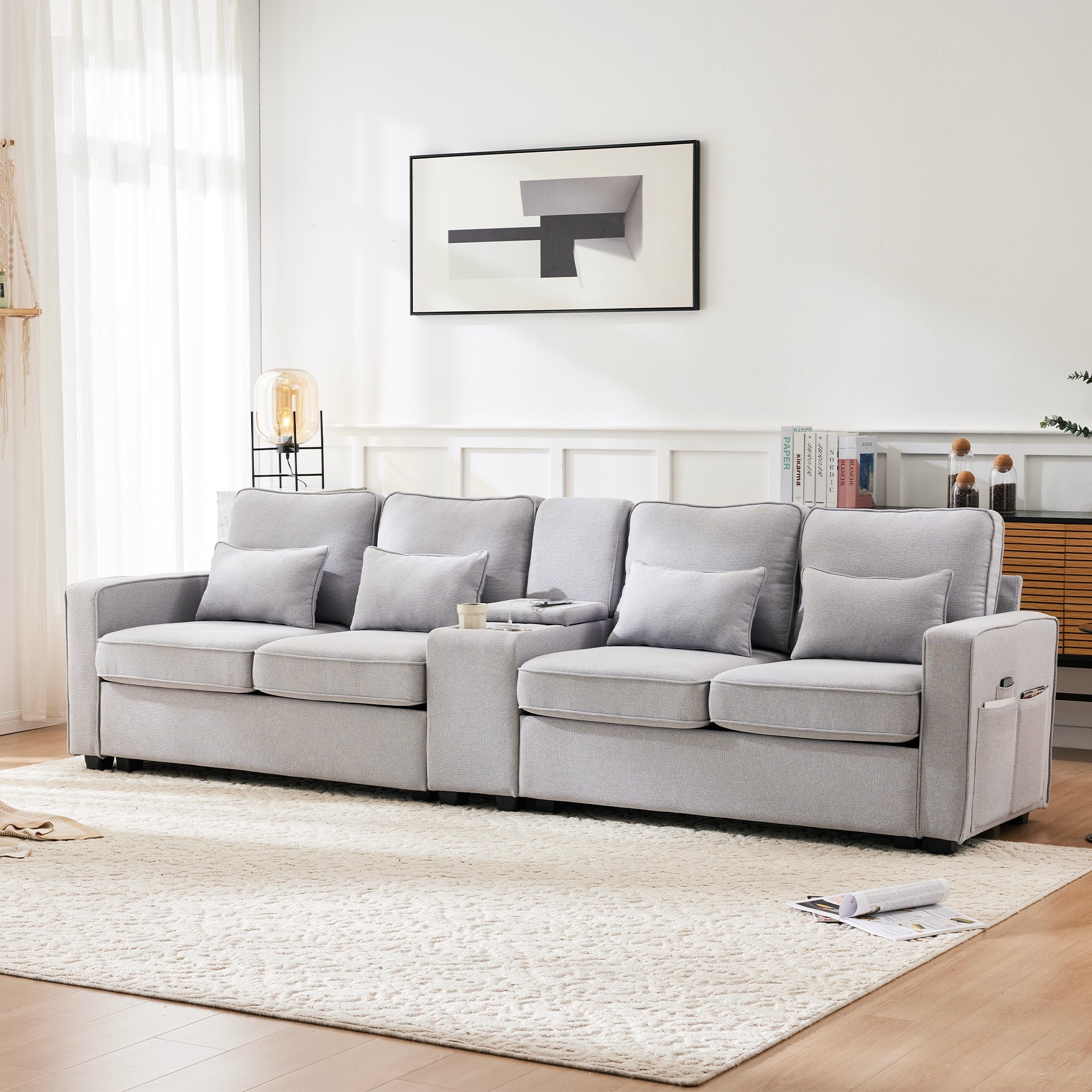 Logidon 4-zitsbank grijs met USB-oplaadpoorten bekerhouder