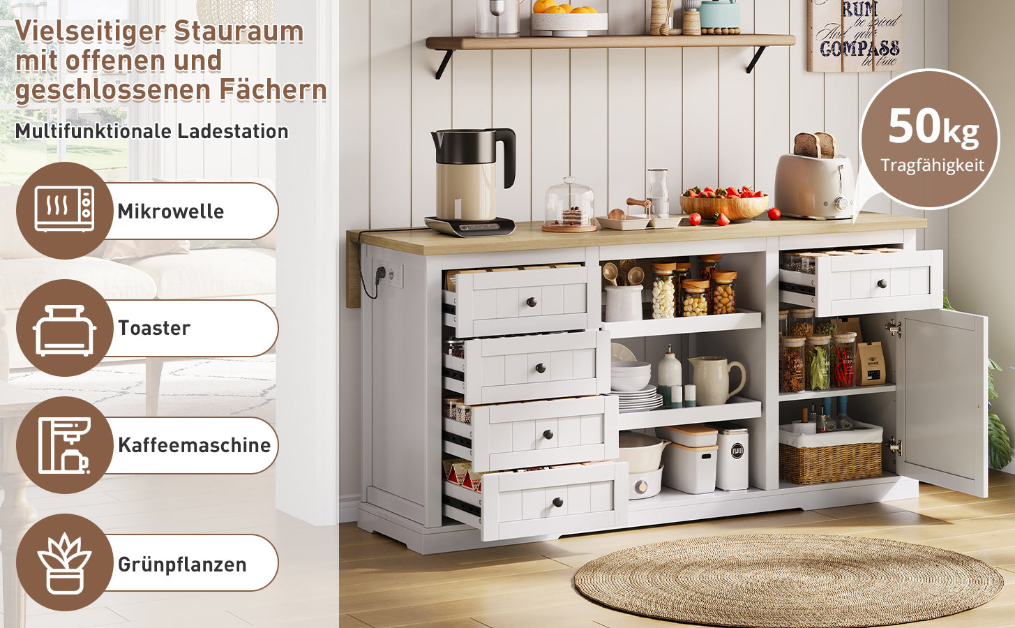 Logidon dressoir keukeneiland wit houten blad 5 laden 150x65x75 cm