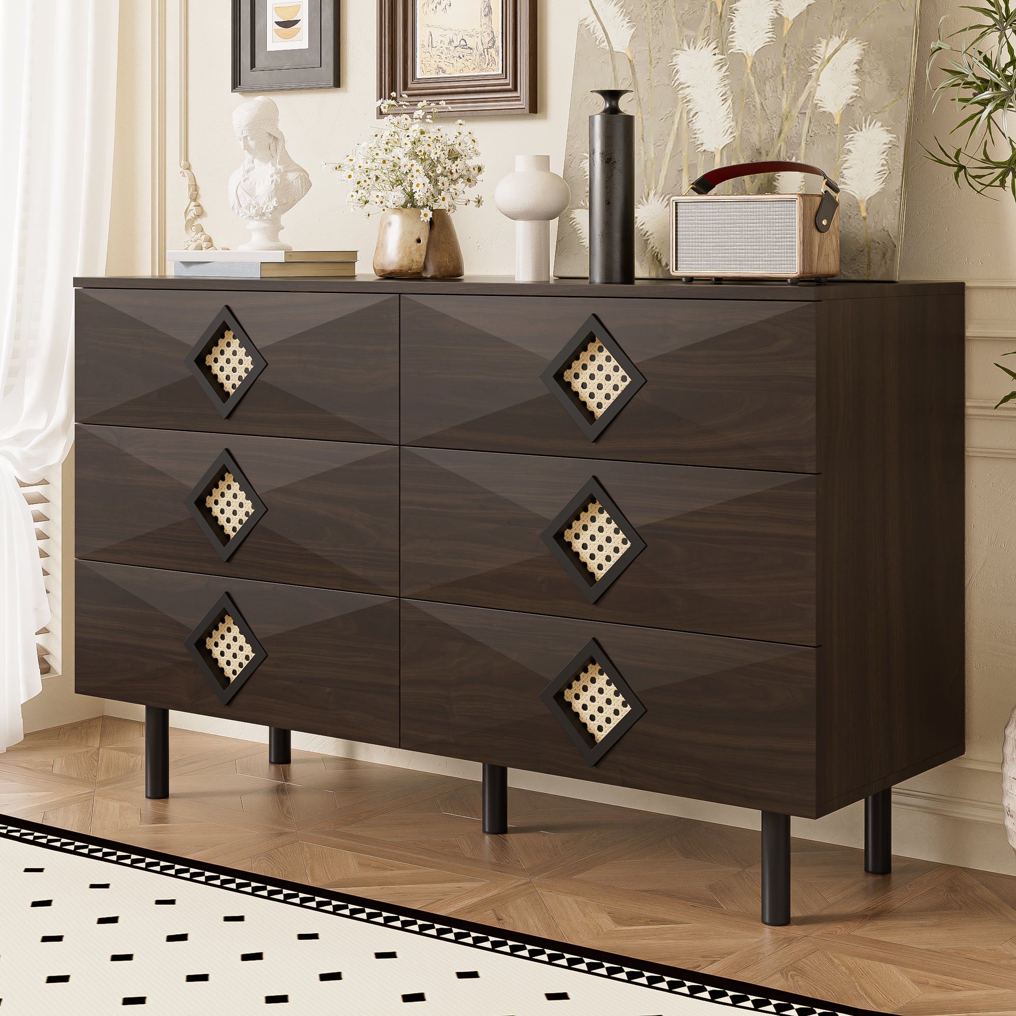 Logidon Elegante kaptafel met 6 laden, walnoot met rotan handvat