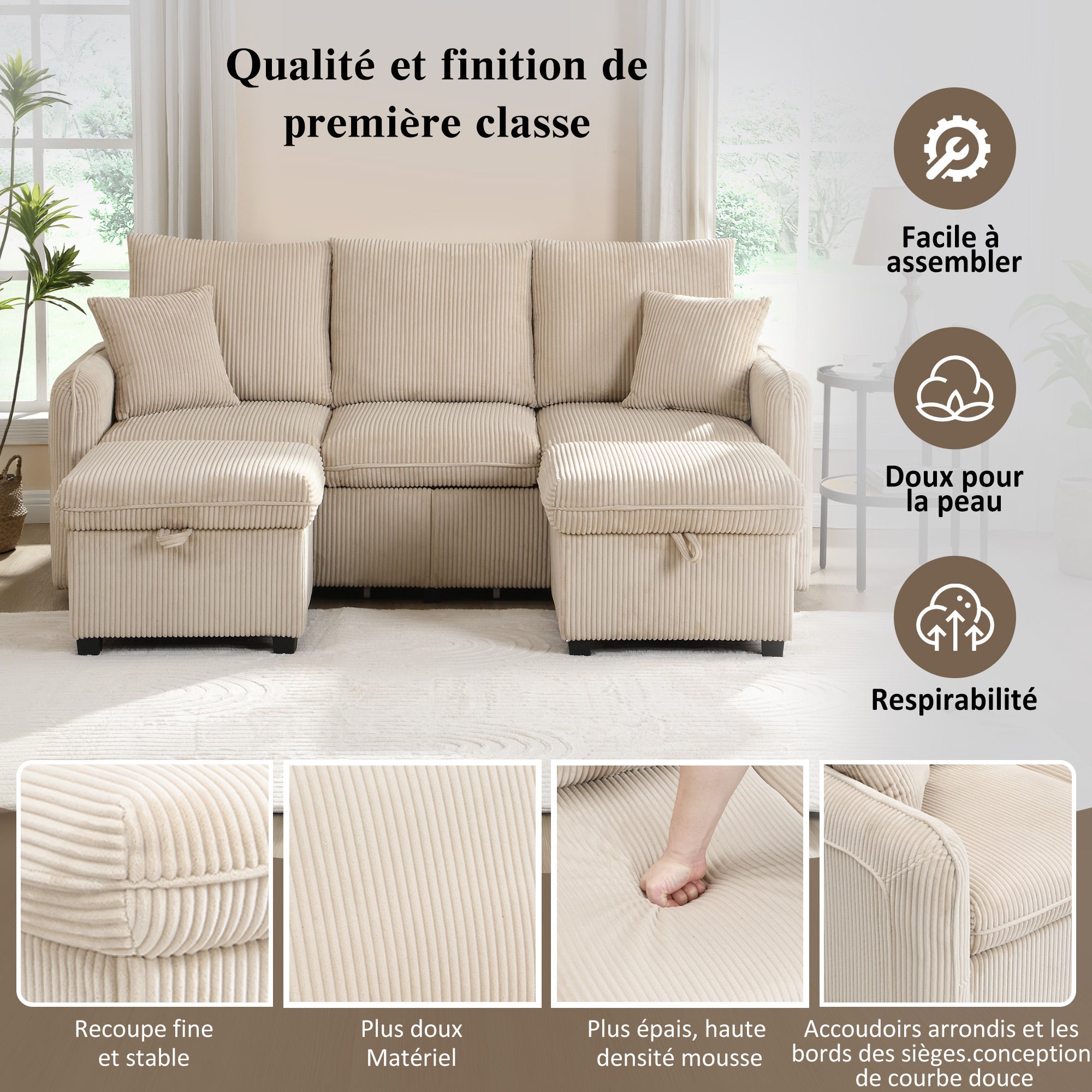 Logidon hoekbank U-vorm beige corduroy stof met opbergvak en slaapfunctie