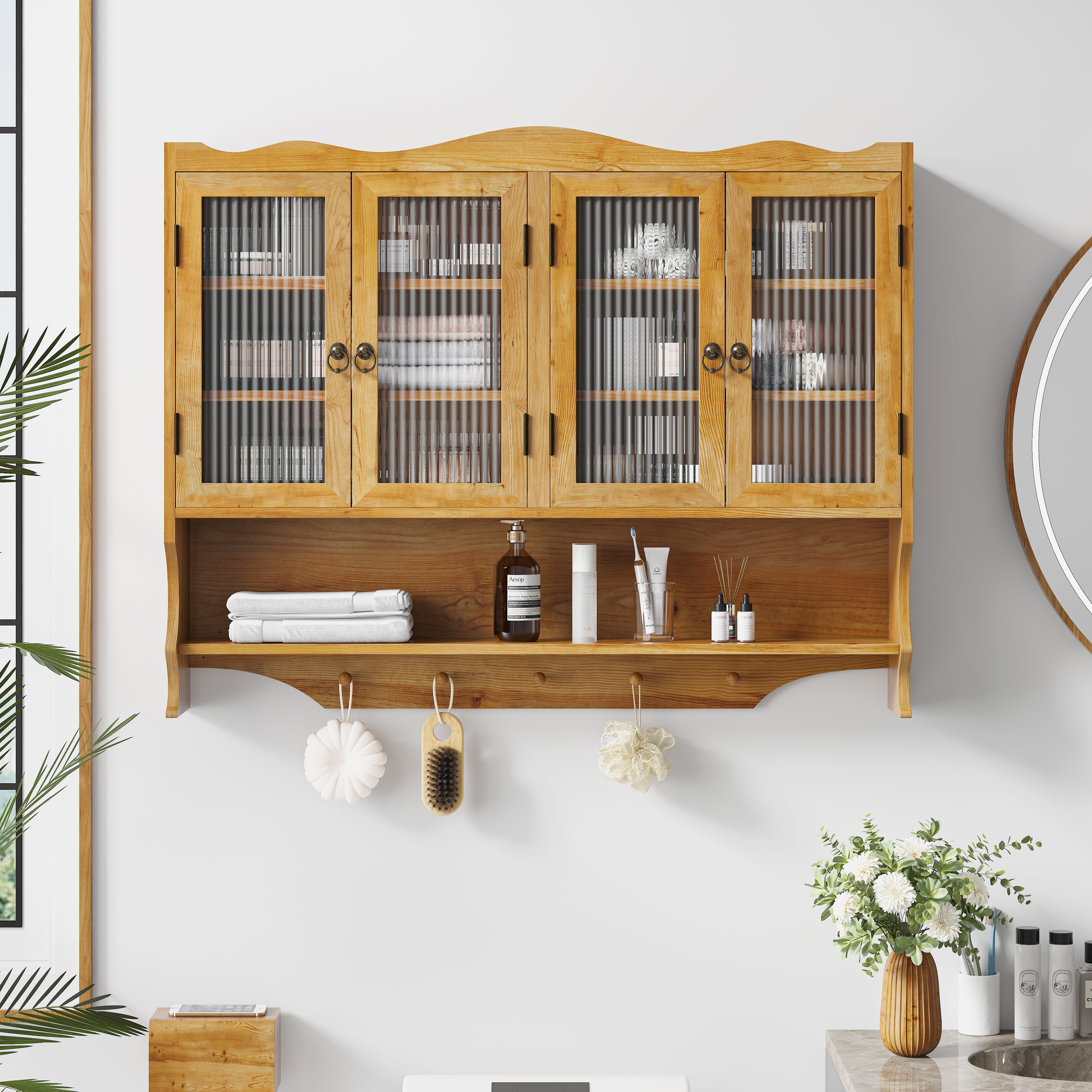 Logidon Retro wanddoos 100cm 4 deuren 2 niveaus open haken naturel hout