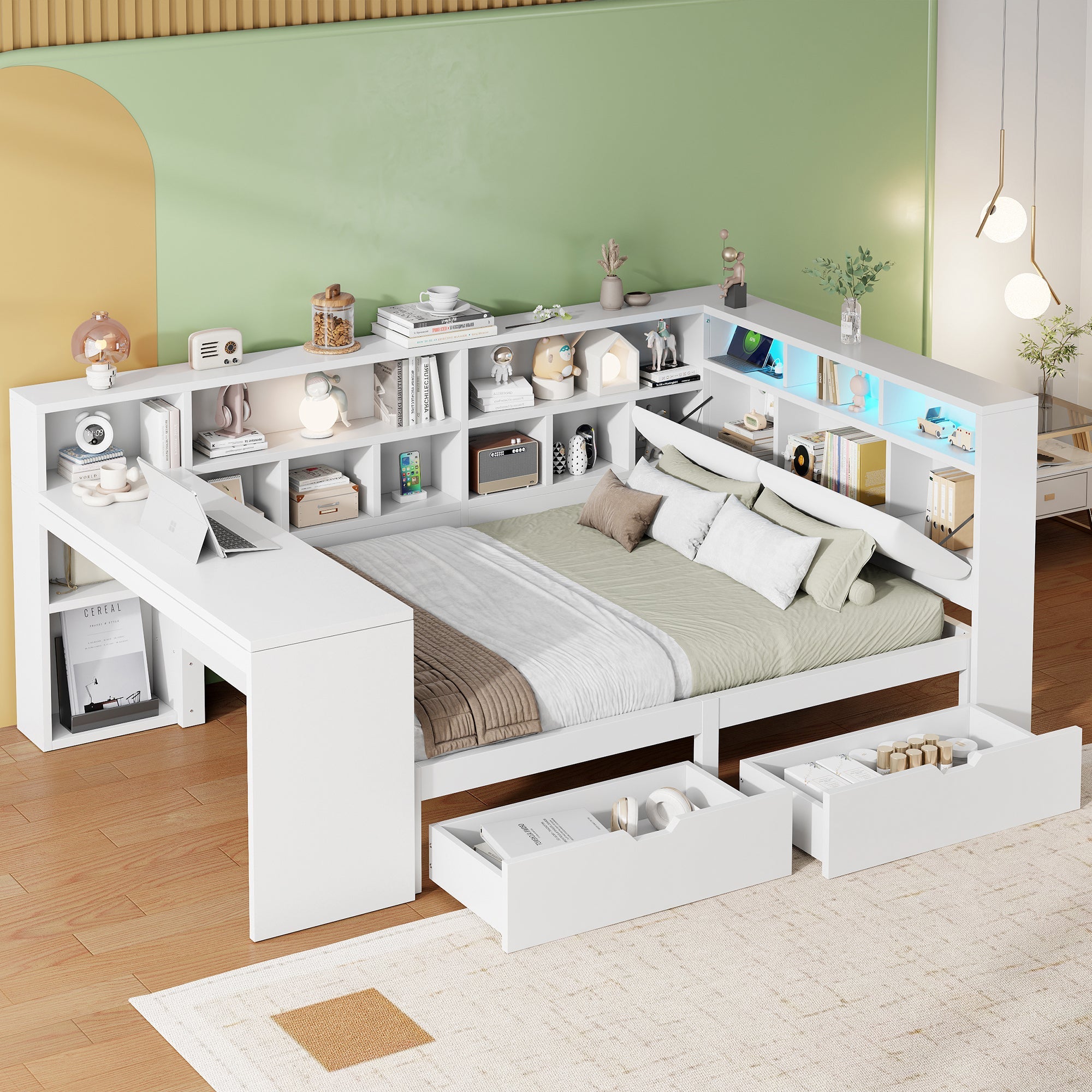 Logidon Hoekbed 140x200 L-vorm met Bureau Boekenplank Wit