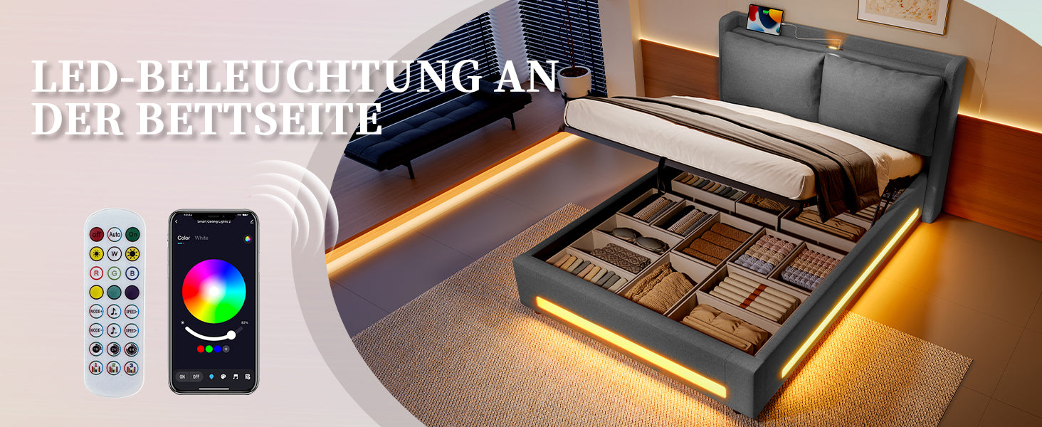 Logidon Modern gestoffeerd bed grijs 140x200 cm met opbergruimte en LED