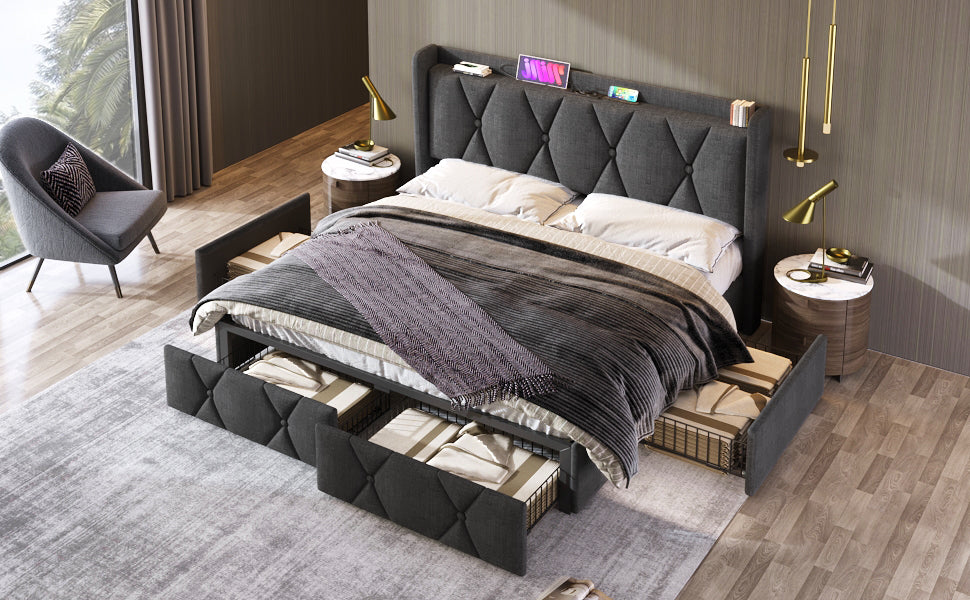 Logidon upholstered bed 140x200cm gray with USB charging function 4 drawers