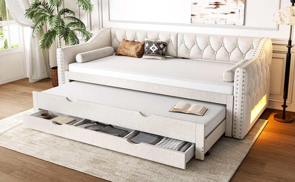 Logidon 90x200 gestoffeerd dagbed met LED-licht uitschuifbaar bed beige