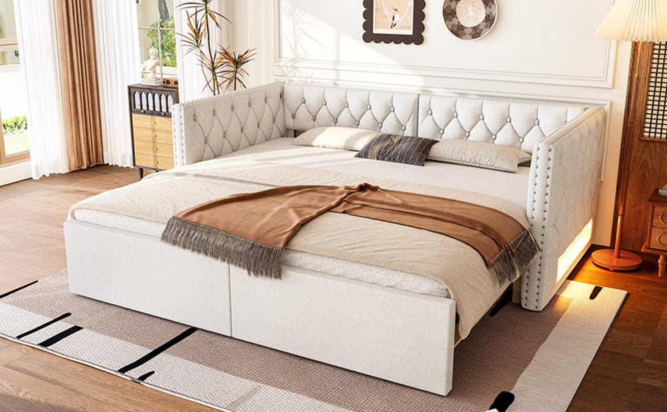 Logidon uitschuifbaar dagbed 90x200 tot 180x200 beige met LED