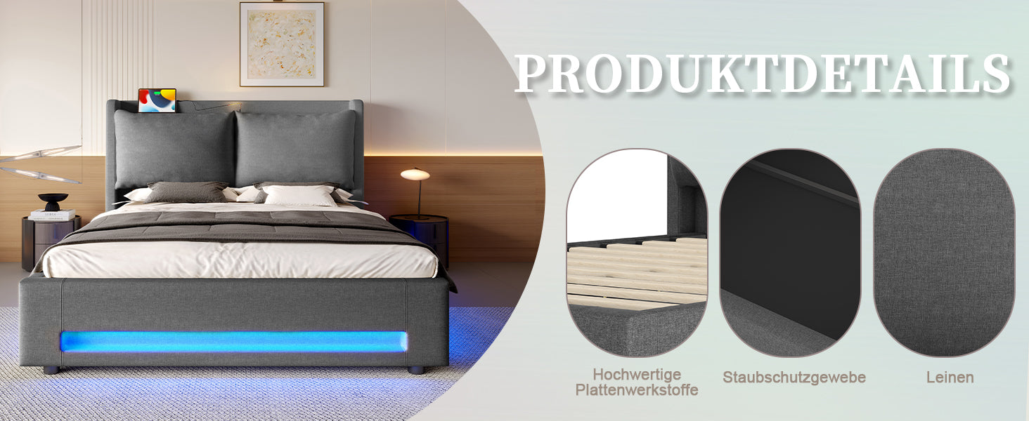 Logidon Modern gestoffeerd bed grijs 140x200 cm met opbergruimte en LED