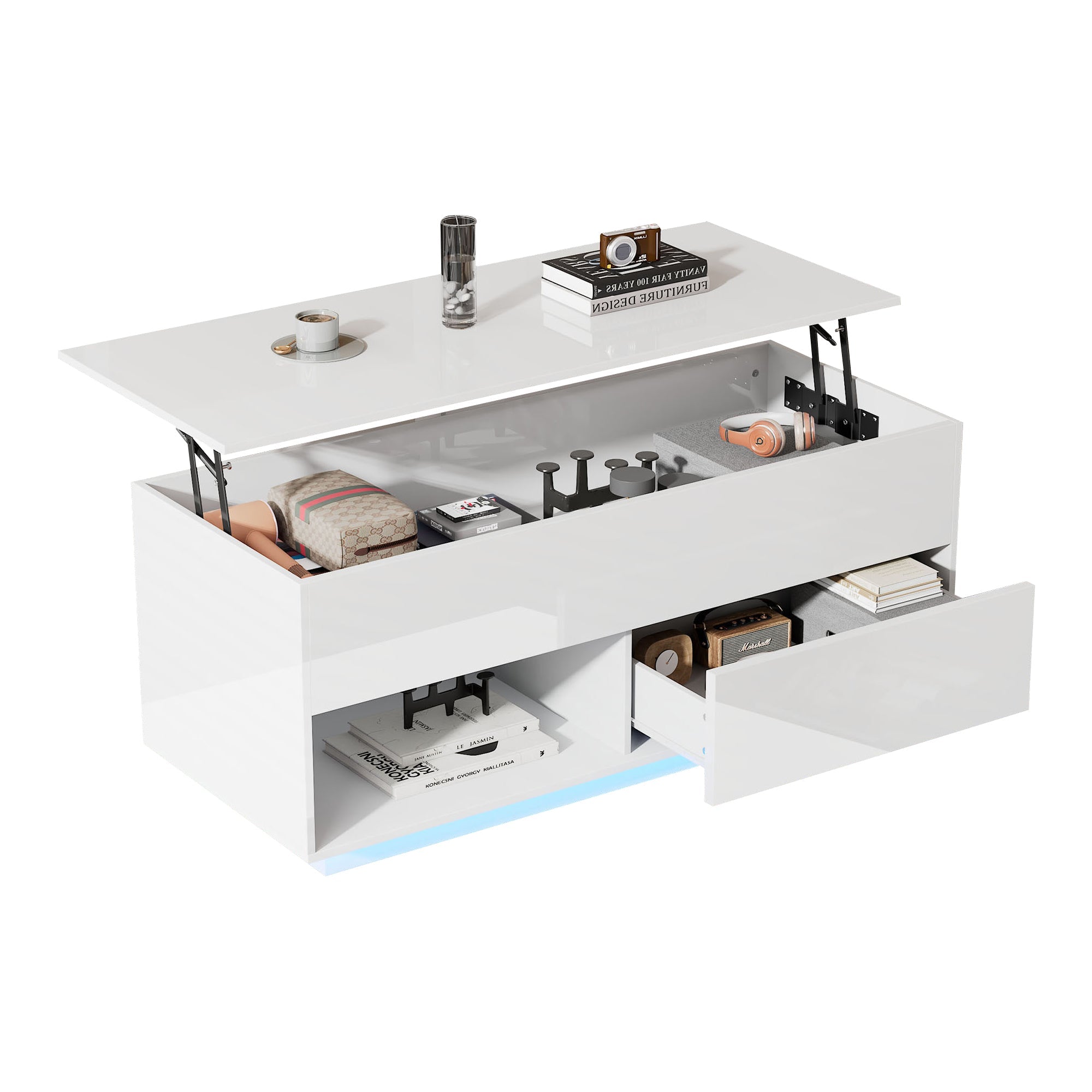 Logidon hoogglans hefsalontafel 100 x 50 cm witte LED-verlichting