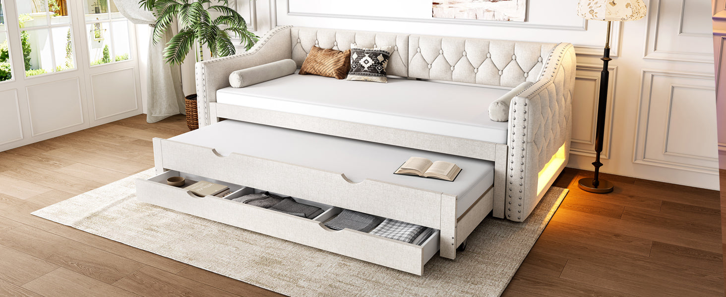 Logidon 90x200 gestoffeerd dagbed met LED-licht uitschuifbaar bed beige
