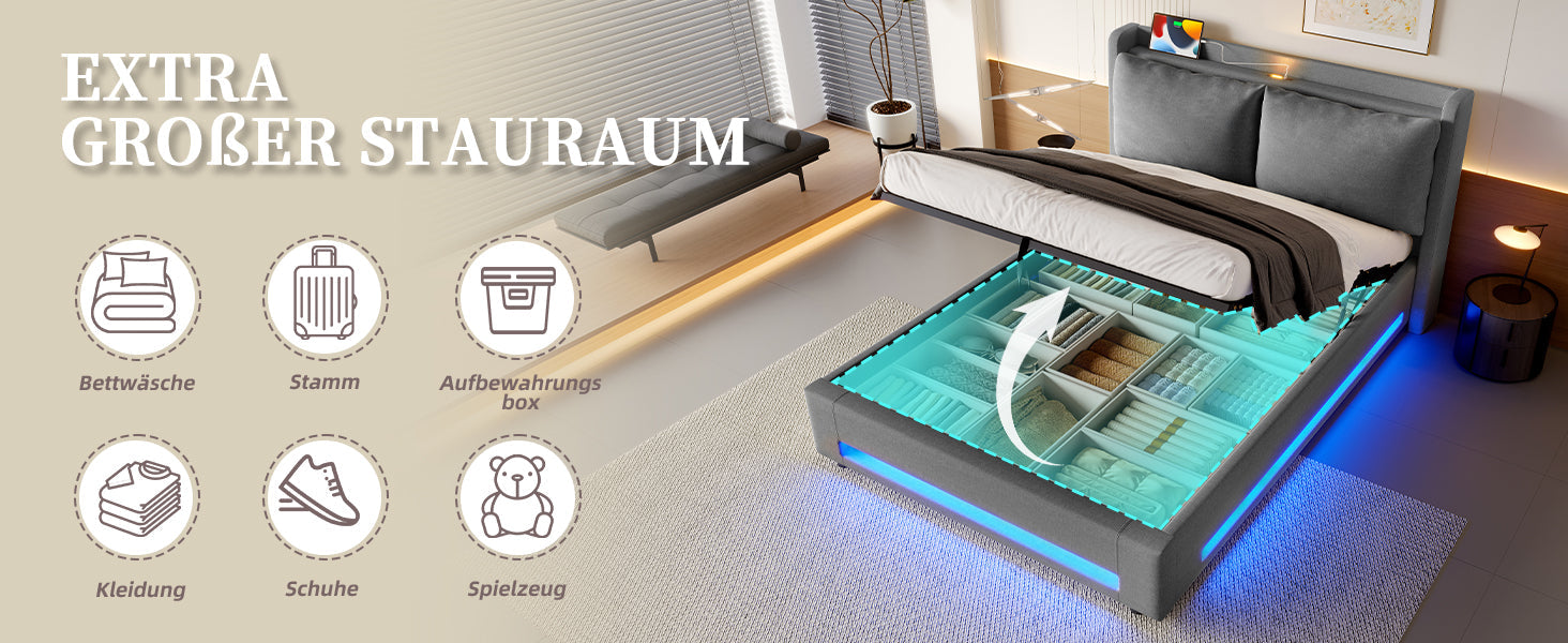 Logidon Modern gestoffeerd bed grijs 140x200 cm met opbergruimte en LED