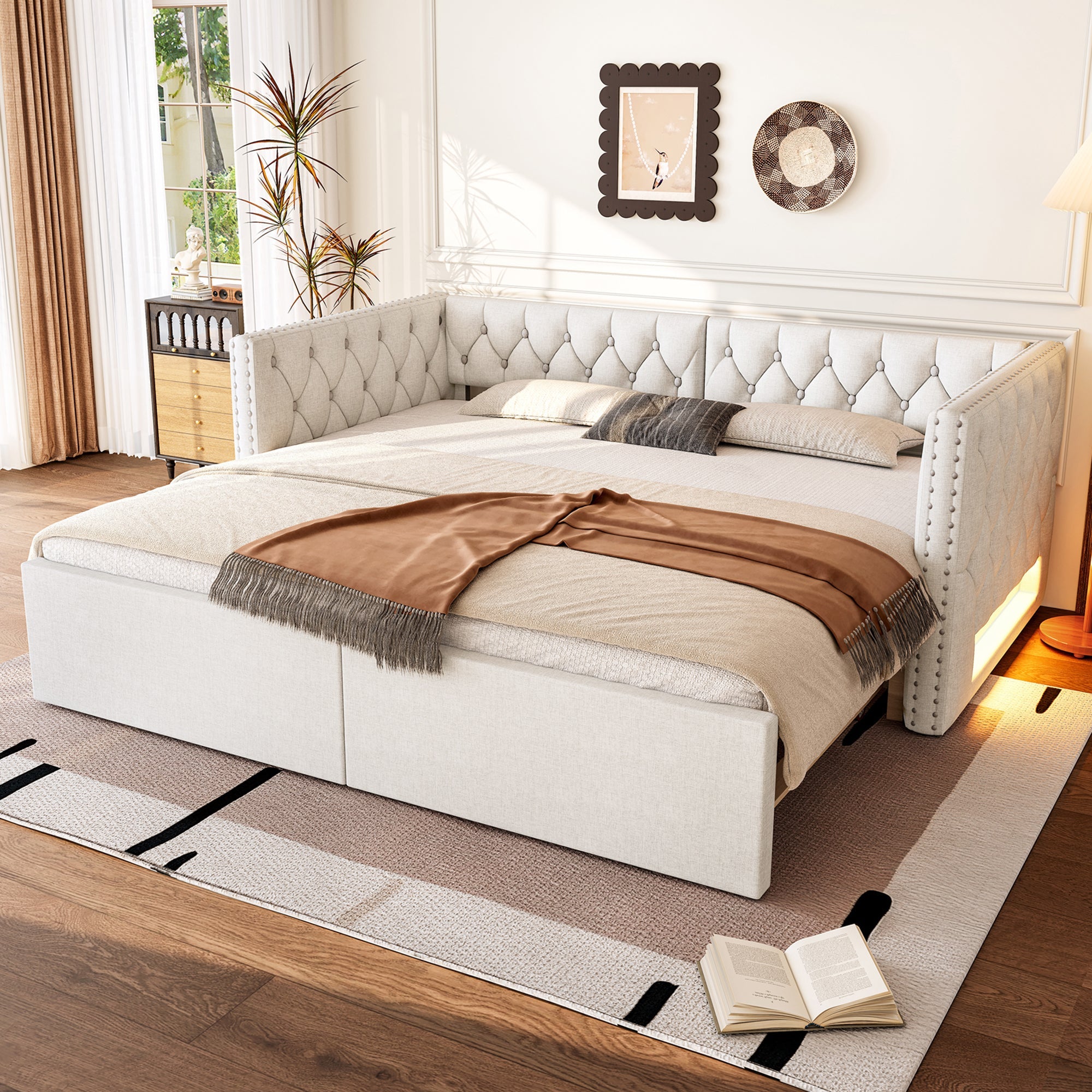 Logidon uitschuifbaar dagbed 90x200 tot 180x200 beige met LED