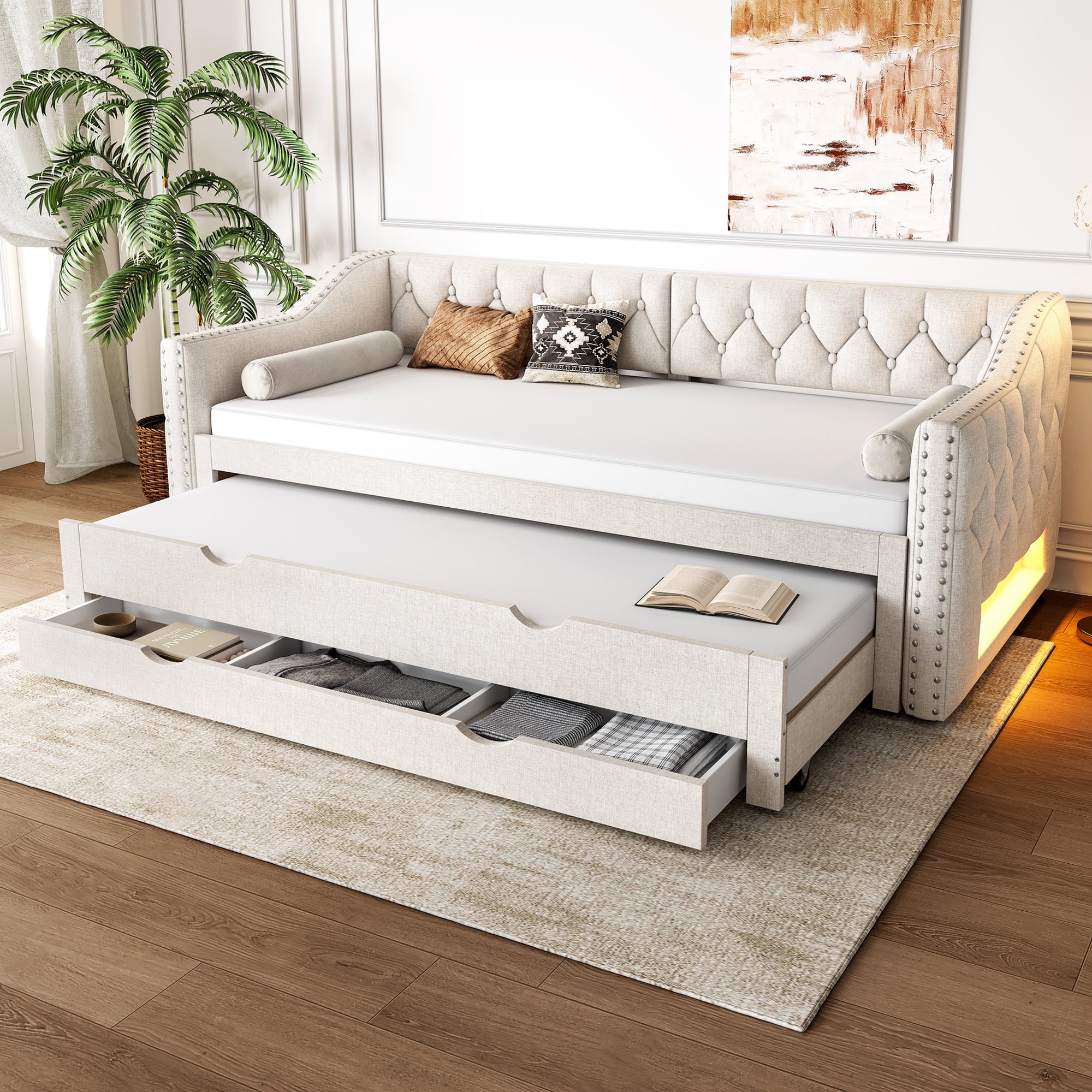 Logidon 90x200 gestoffeerd dagbed met LED-licht uitschuifbaar bed beige