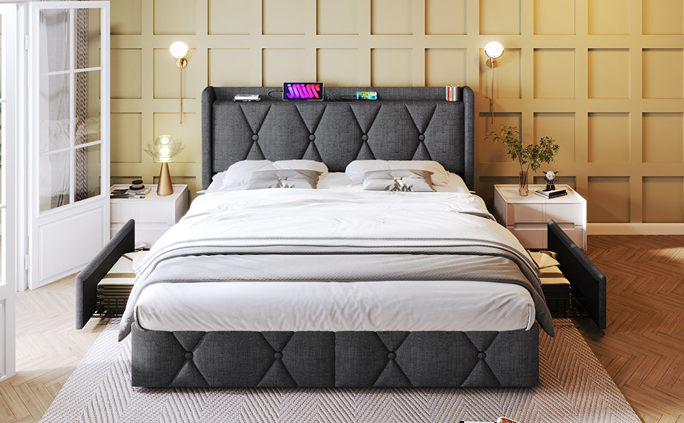 Logidon upholstered bed 140x200cm gray with USB charging function 4 drawers