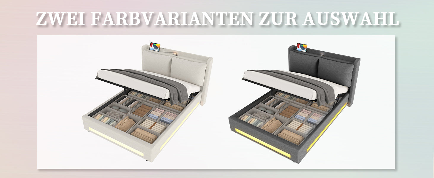 Logidon Modern gestoffeerd bed grijs 140x200 cm met opbergruimte en LED