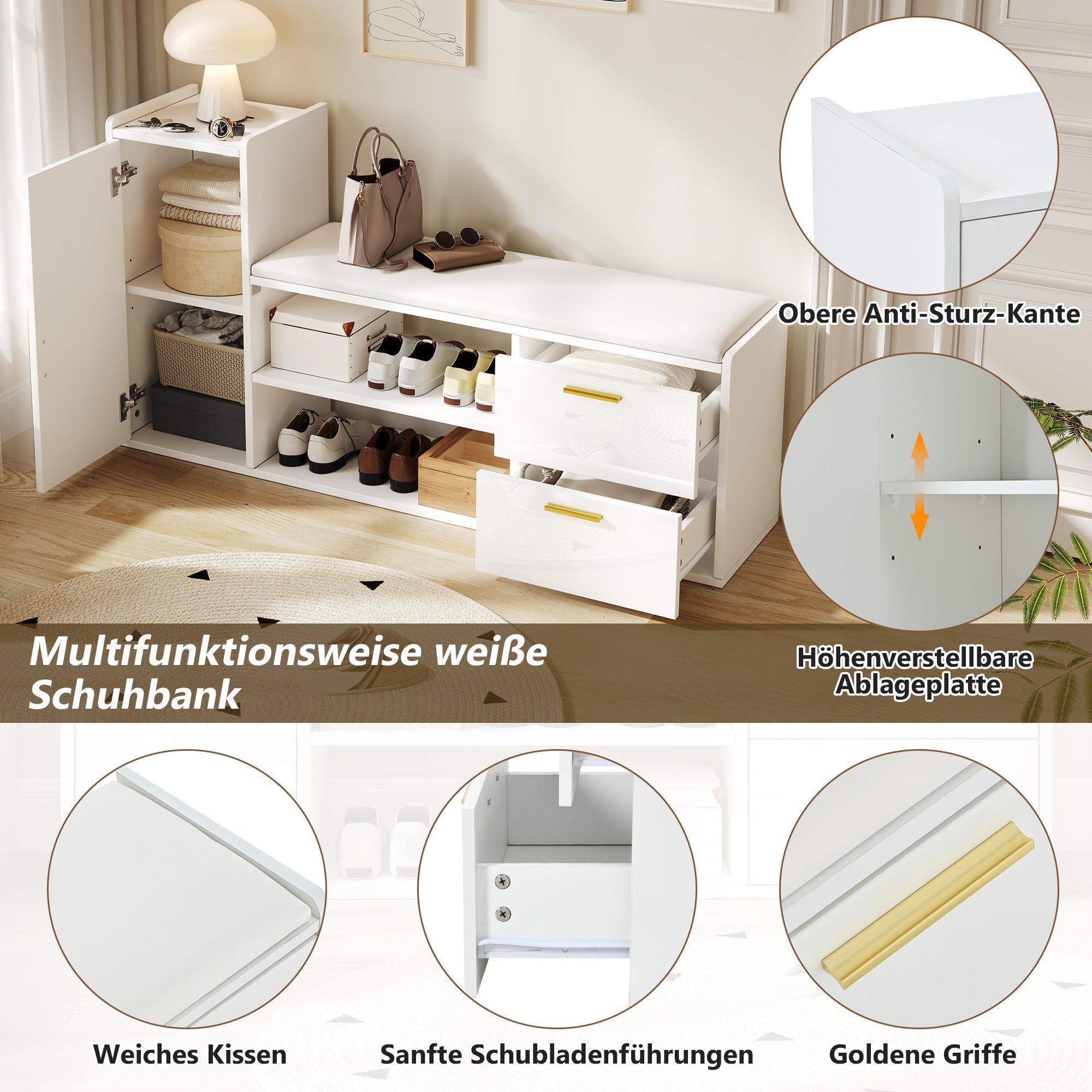 Logidon schoenenbank wit hoogglans 128x30x68 cm met 2 lades