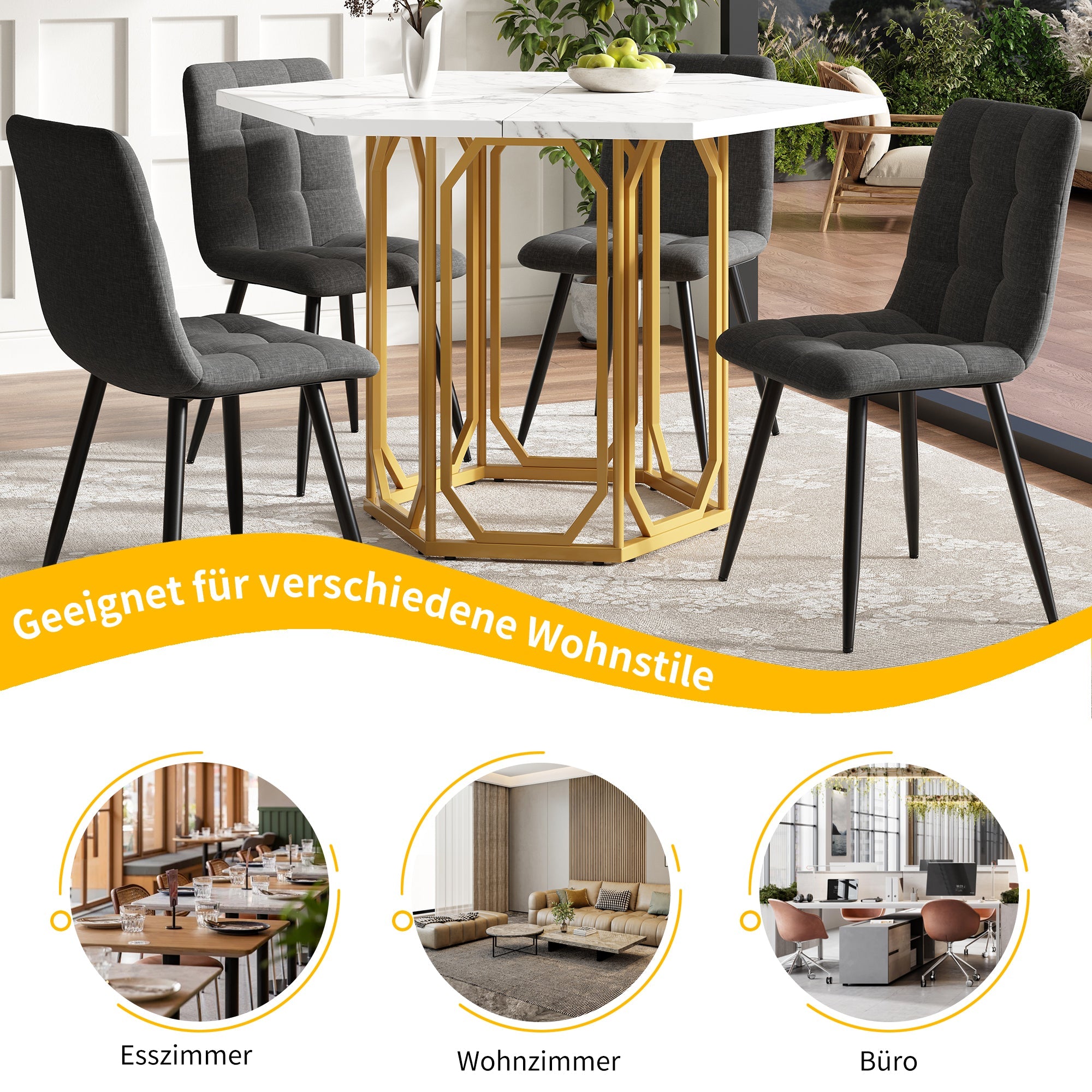 Logidon Zeshoekige Marmeren Tafel Goud MDF Keukentafel 110x95 cm