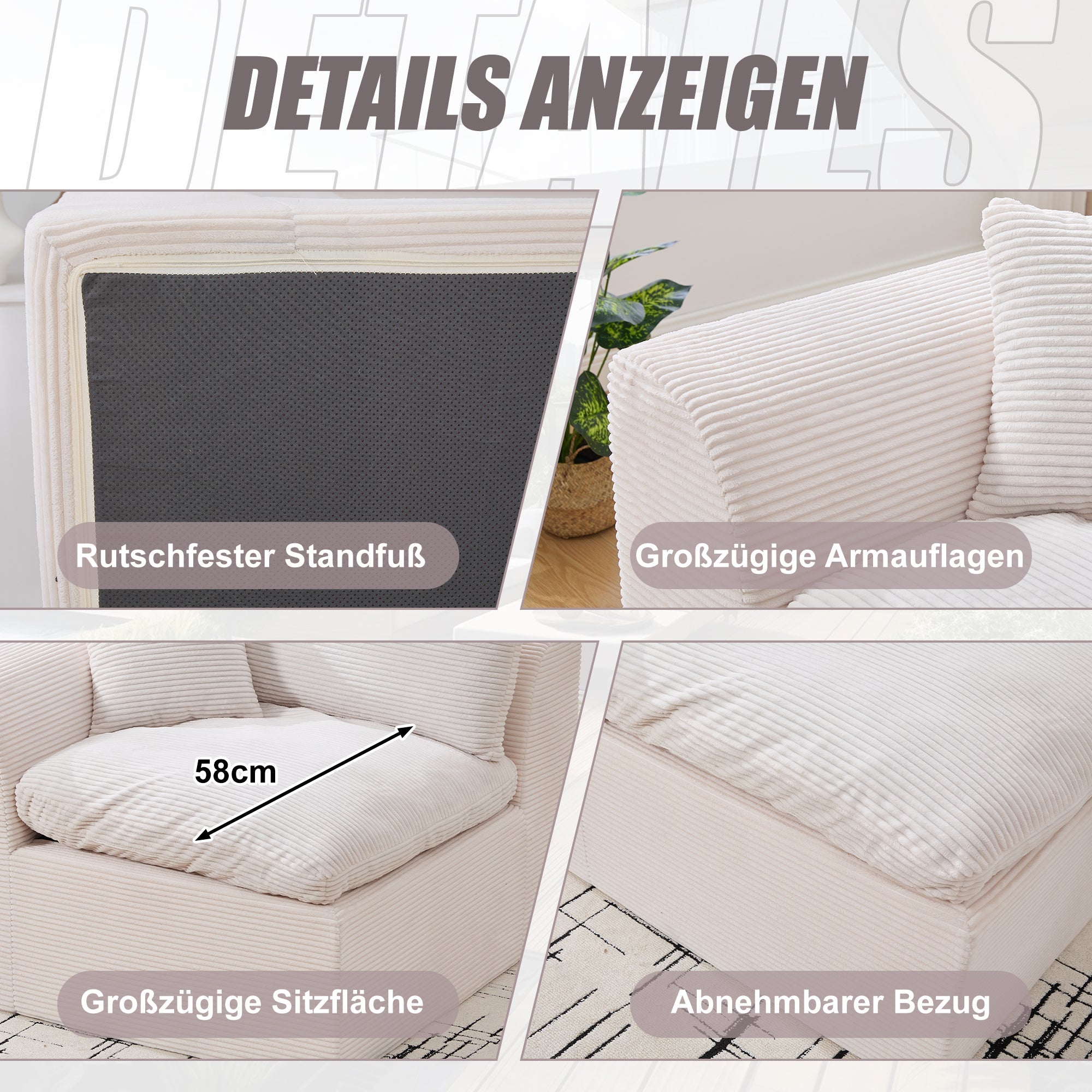 Logidon moderne 1-zits stoffen bank beige corduroy stof met kussens